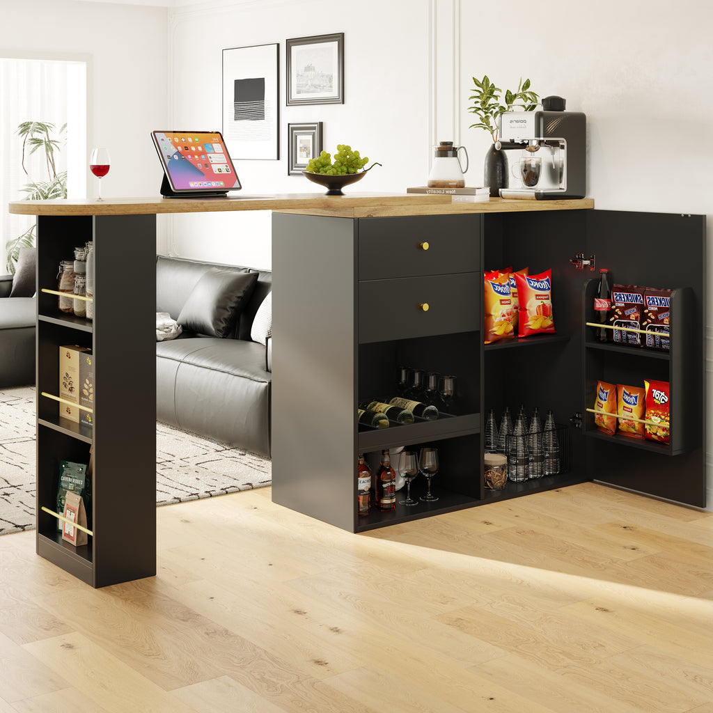 360° Swivelling Bar Table (105 x 39 x 102 cm), with 2 Drawers and Sliding Door Cabinet, 3 Levels of Open Storage Space, Suitable for Dining Room/Study/Living Room etc.