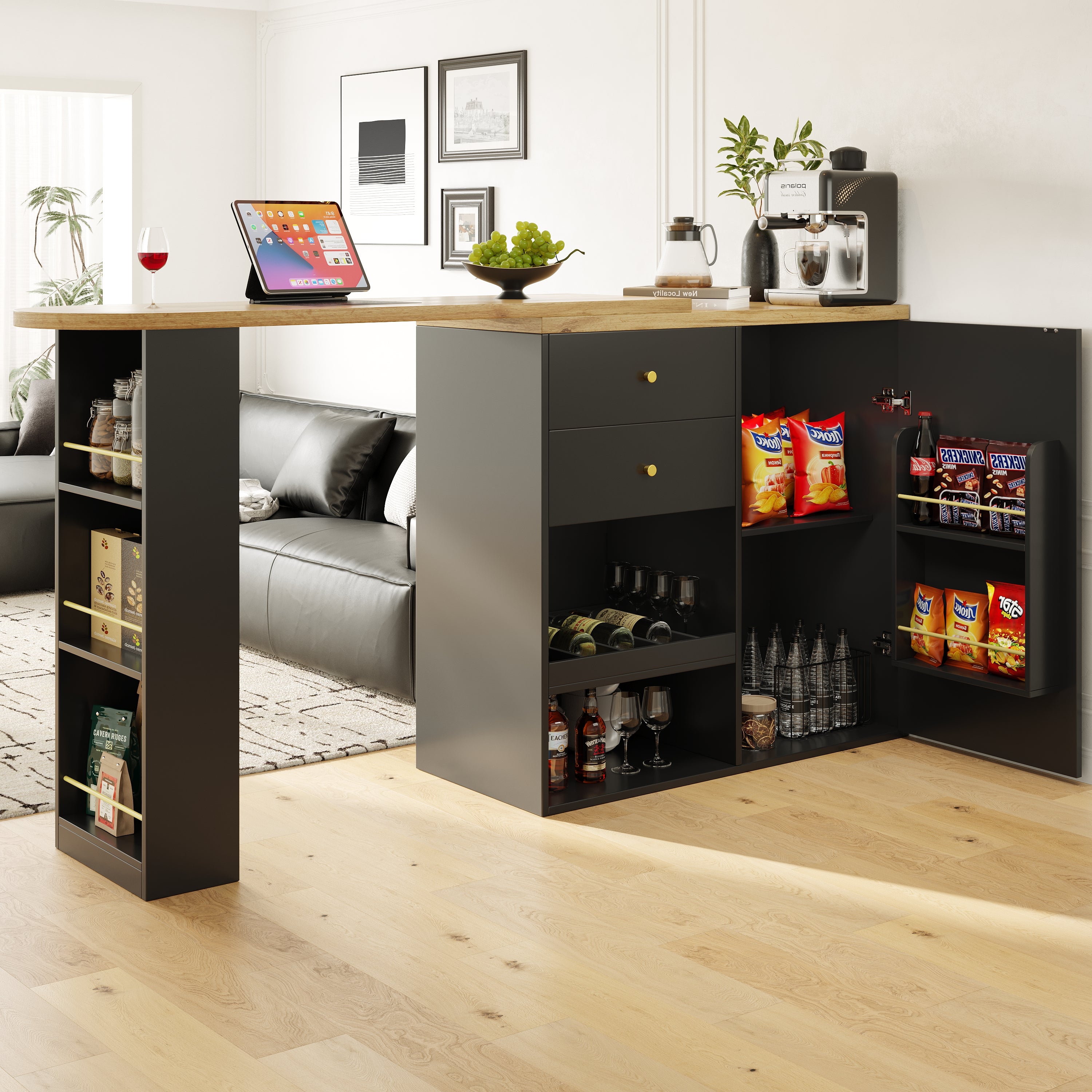 360° Swivelling Bar Table (105 x 39 x 102 cm), with 2 Drawers and Sliding Door Cabinet, 3 Levels of Open Storage Space, Suitable for Dining Room/Study/Living Room etc.
