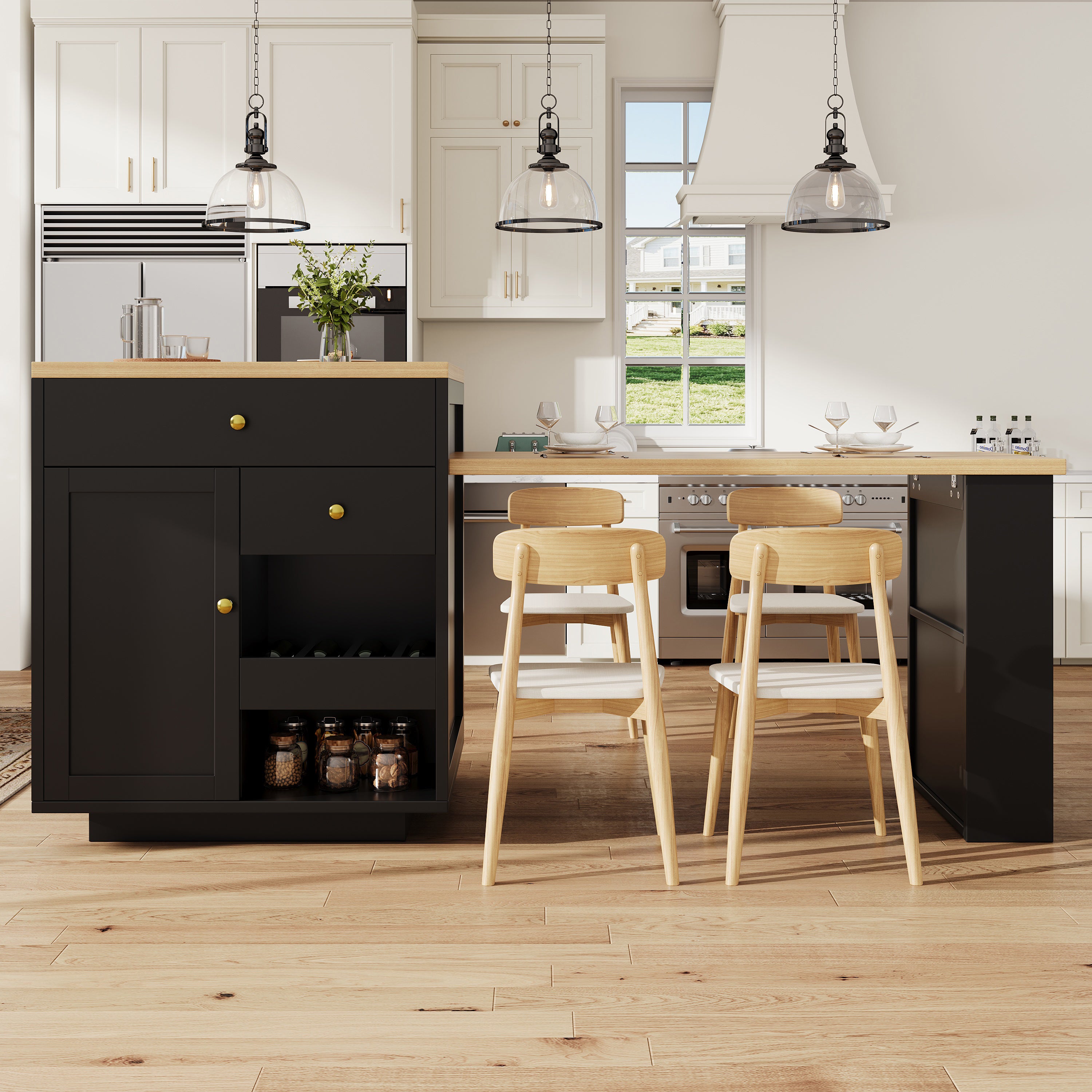 Extendable bar table with storage (122.5-195.5×70×93.8cm), with three drawers and wine rack, kitchen island with extendable table, for 2-6 people, kitchen dining cart with side shelves, black