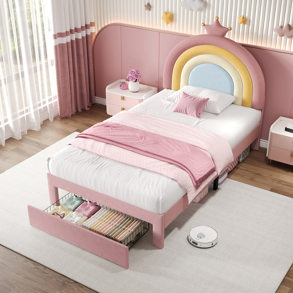 3ft Single Upholstered Bed with Adjustable Rainbow Headboard, Soft Velvet Bed Frame with Storage Drawer, Stylish Rainbow Headboard with Crown, No Box Spring Needed, Easy Assembly, Pink (No Mattress)
