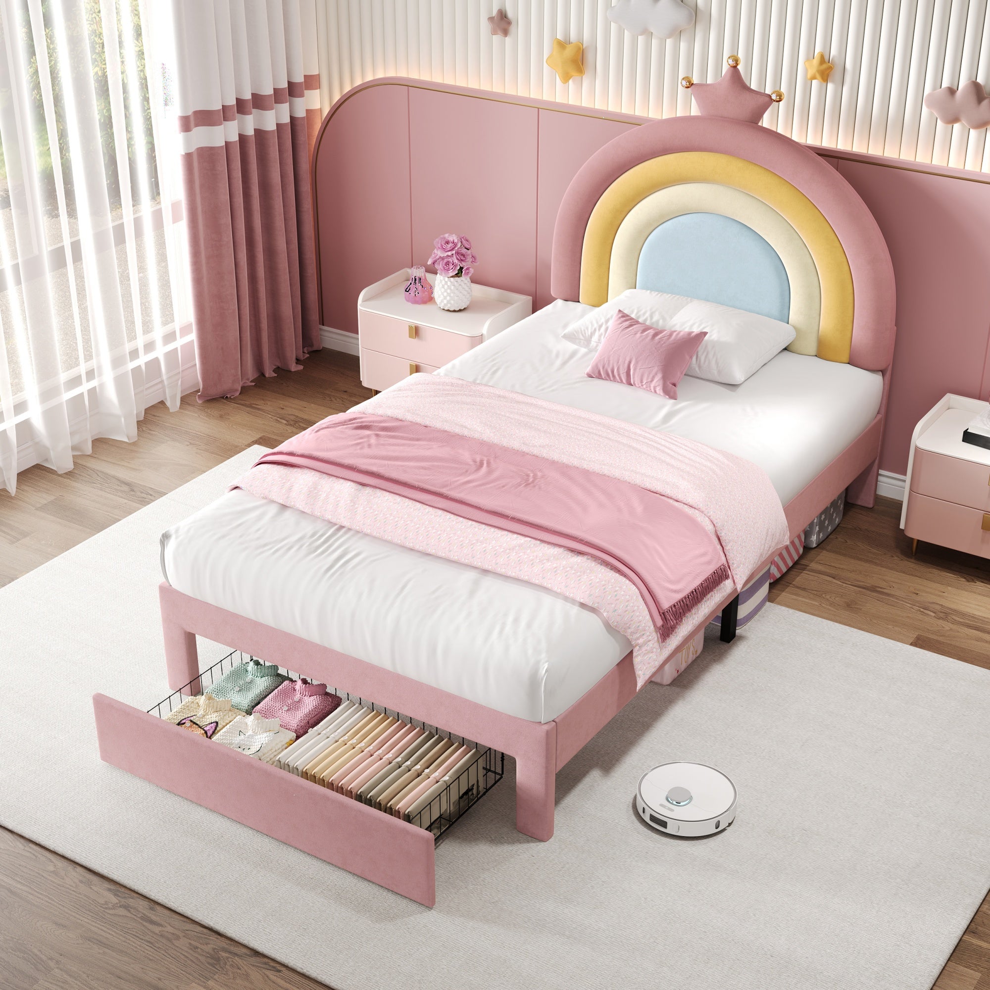 3ft Single Upholstered Bed with Adjustable Rainbow Headboard, Soft Velvet Bed Frame with Storage Drawer, Stylish Rainbow Headboard with Crown, No Box Spring Needed, Easy Assembly, Pink (No Mattress)