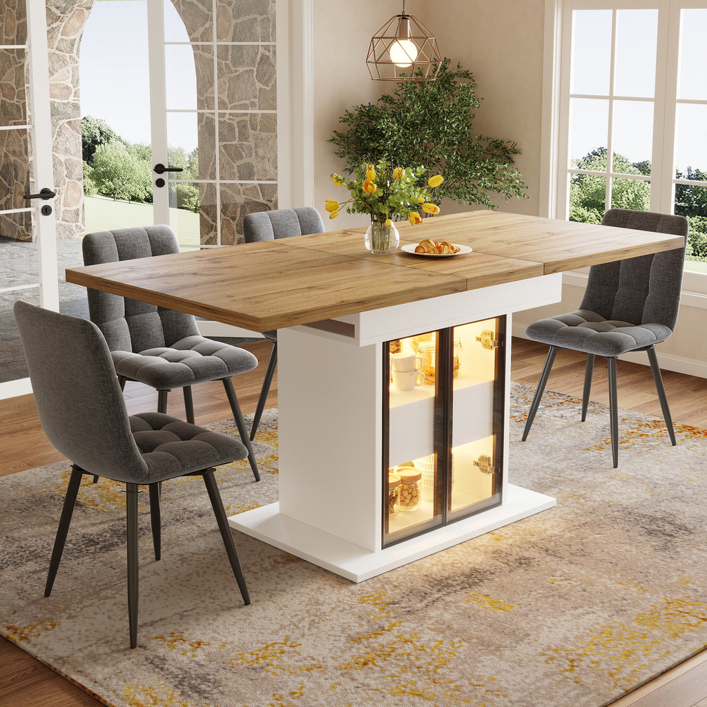 Extendable dining table with storage space & RGB LED lighting, 110–140cm, glass sliding doors & concealed push handles, white/black