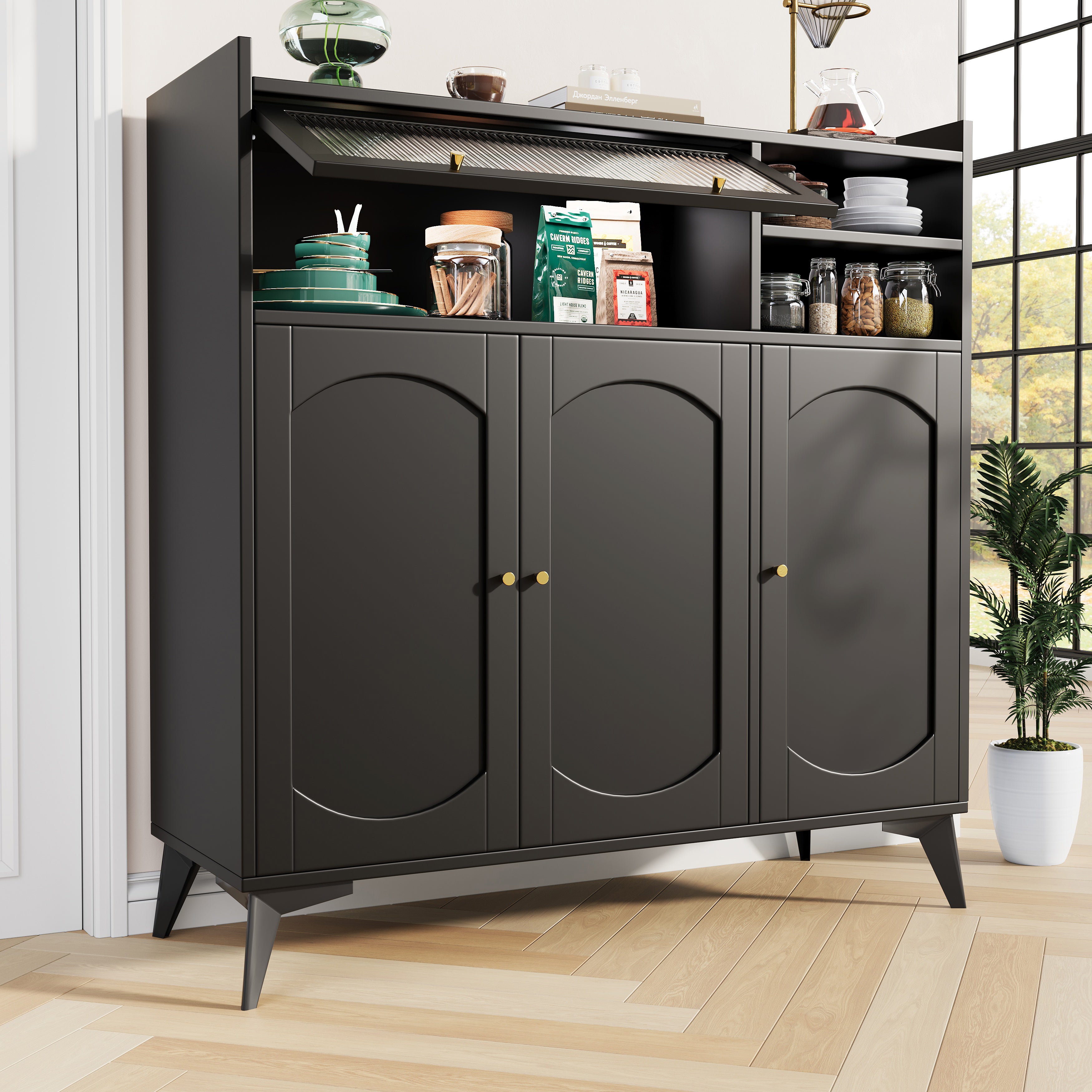 Sideboard (120 x 39.8 x 118.5 cm), modern and sleek black sideboard, large storage space, with glass door and golden handle, multifunctional furniture, suitable for dining room or living room