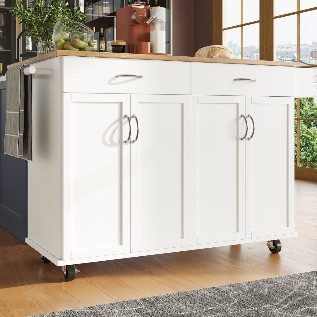 Rolling Kitchen Island Storage Trolley with Large Cabinet, 2 Drawers, Adjustable Shelf, Spice&Towel Rack, Sideboard Cupboard Cabinet Cart, Dining Room Organiser , White