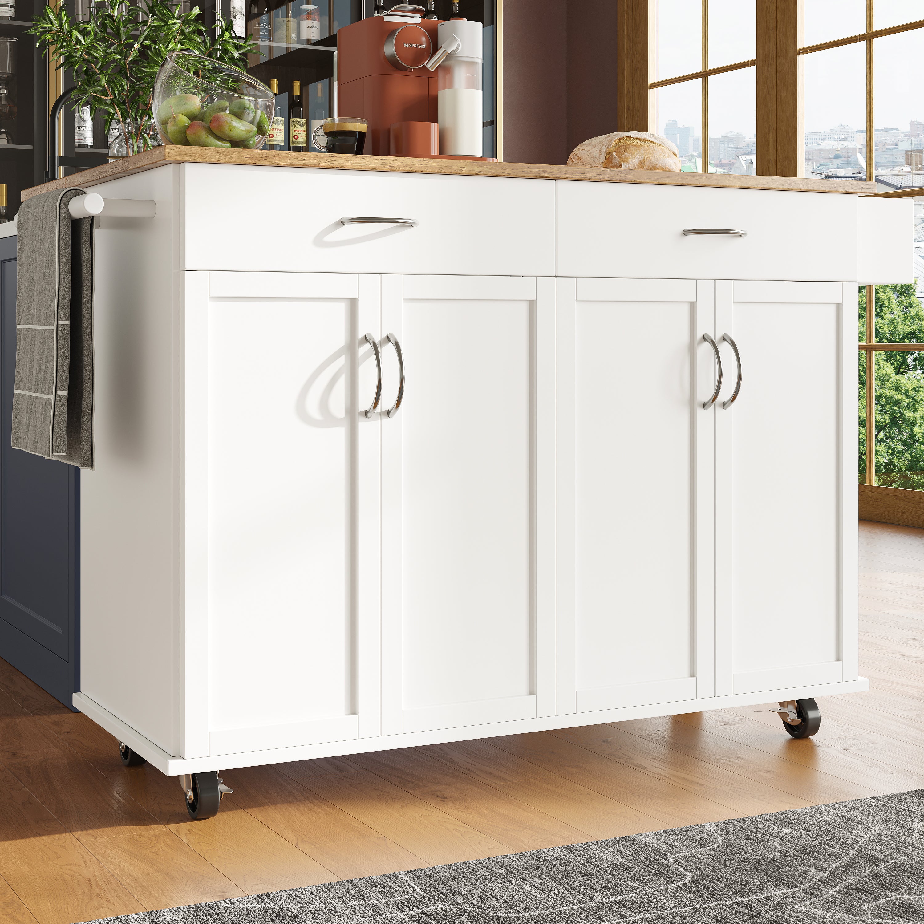 Rolling Kitchen Island Storage Trolley with Large Cabinet, 2 Drawers, Adjustable Shelf, Spice&Towel Rack, Sideboard Cupboard Cabinet Cart, Dining Room Organiser , White