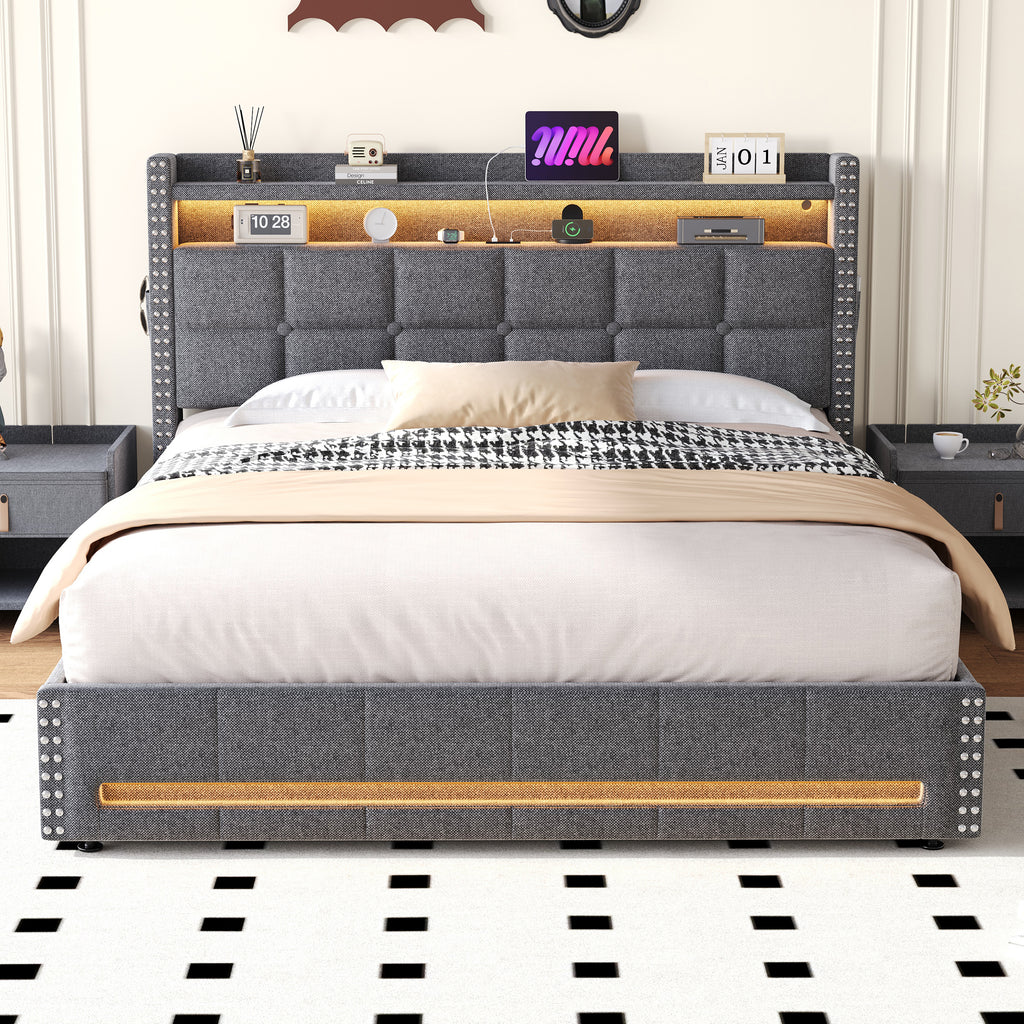 5ft King Upholstered Bed with Hydraulic Storage, LED Rivet  Storage Bed with Charging Station, Button Tufted Headboard with USB and Type - C Ports, No Box Spring Needed, Linen,  Grey (No Mattress)