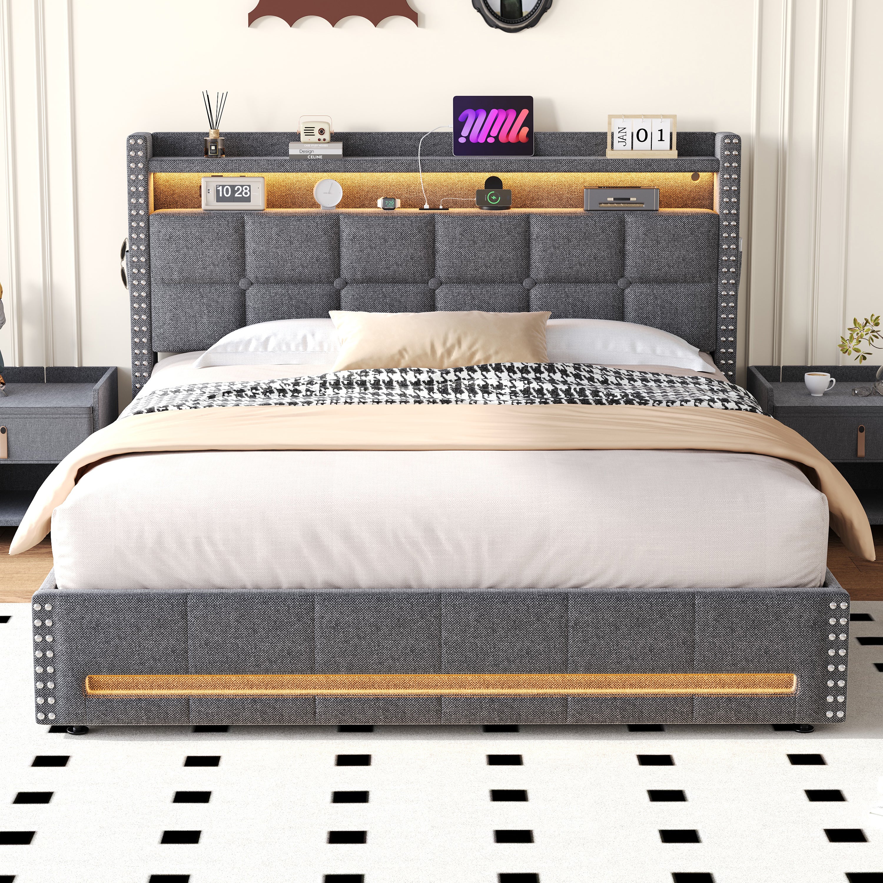 4ft6 Double Upholstered Bed with Hydraulic Storage, LED Rivet  Storage Bed with Charging Station, Button Tufted Headboard with USB and Type - C Ports, No Box Spring Needed, Linen,  Grey (No Mattress)