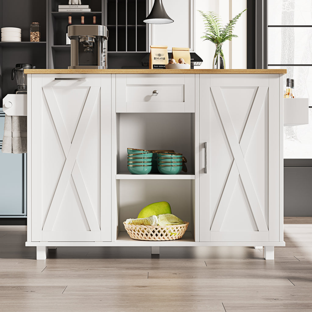 Modern kitchen island,cabinet for rubbish bins, multifunctional dining table with storage space, serving trolley with snack shelves and stretch function cabinets, white(Excluding the dustbin)