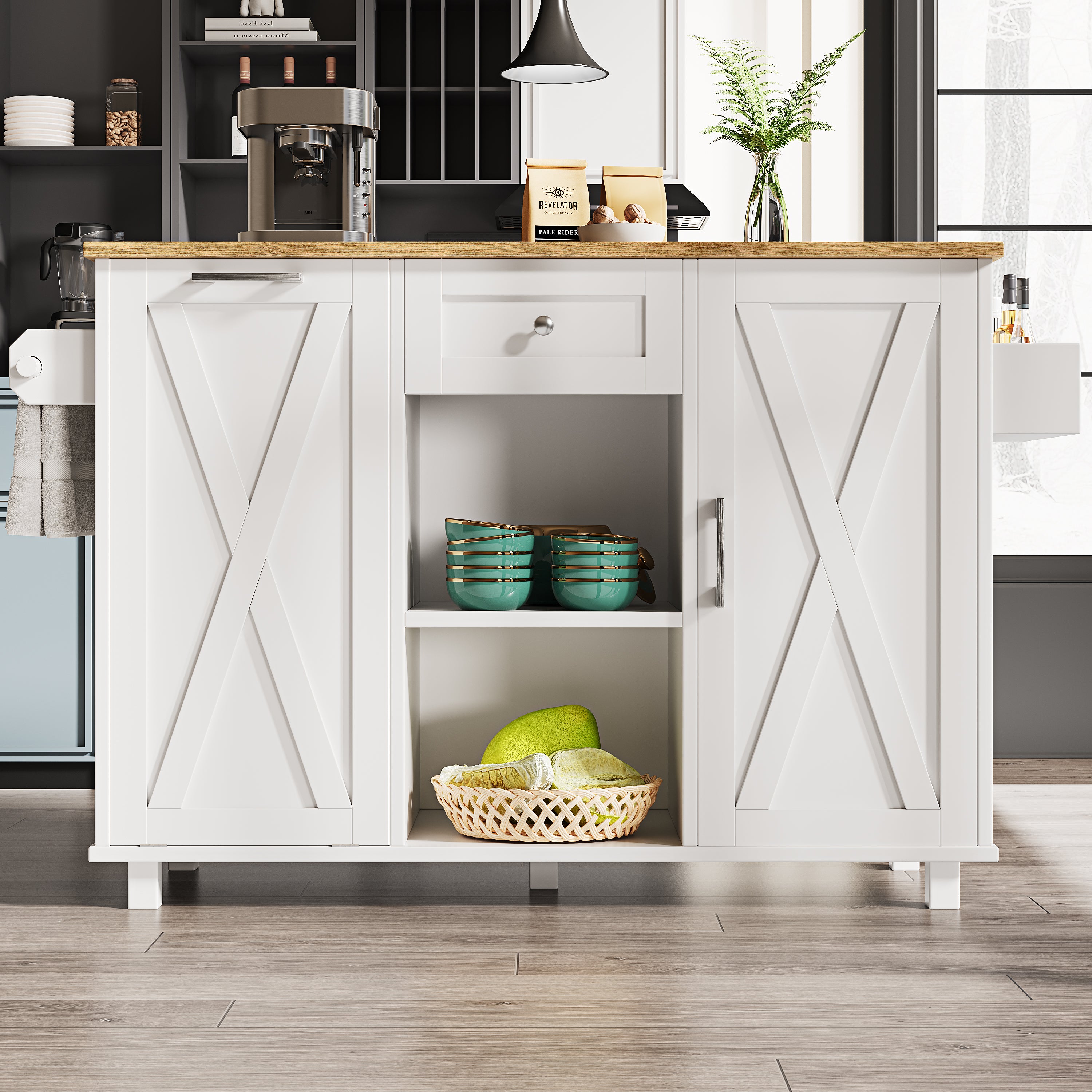 Modern kitchen island,cabinet for rubbish bins, multifunctional dining table with storage space, serving trolley with snack shelves and stretch function cabinets, white(Excluding the dustbin)
