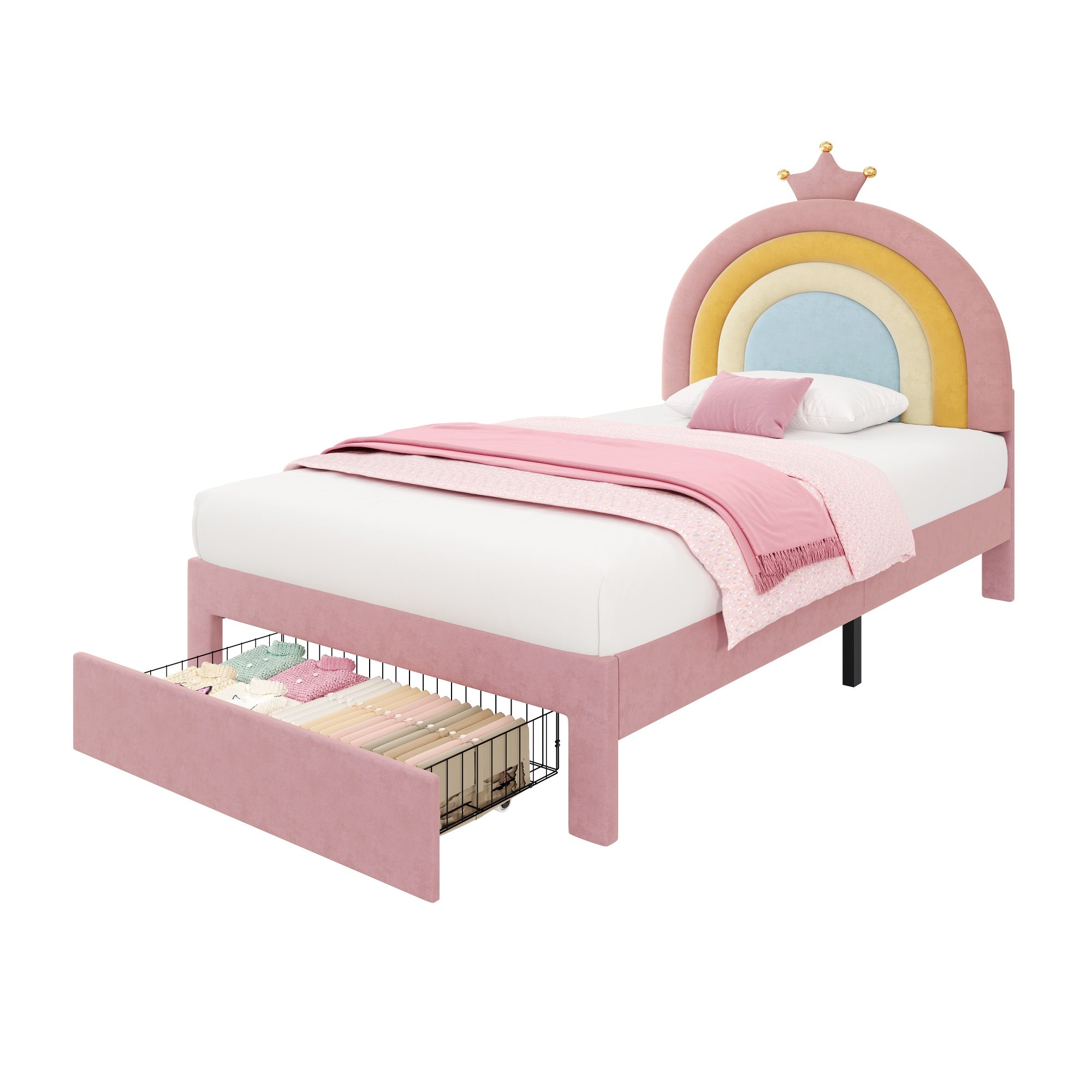 3ft Single Upholstered Bed with Adjustable Rainbow Headboard, Soft Velvet Bed Frame with Storage Drawer, Stylish Rainbow Headboard with Crown, No Box Spring Needed, Easy Assembly, Pink (No Mattress)