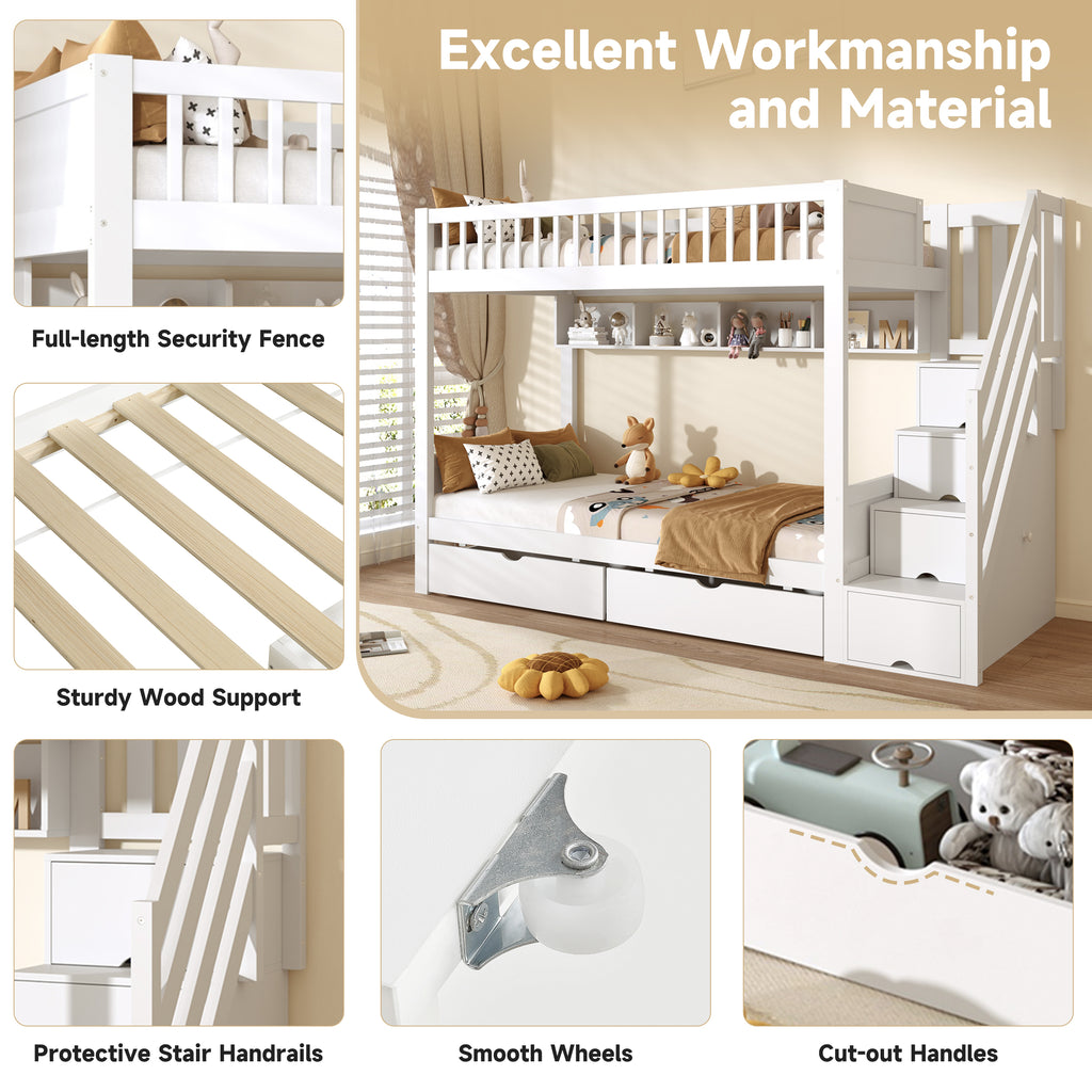 3ft Single Loft Bed with Under Bed Drawers, High-Quality Solid Wood Bunk Bed Frame with Integrated Stairway Storage, Shelving and Hidden Lockers, Safety Guardrails, White (No Mattress)