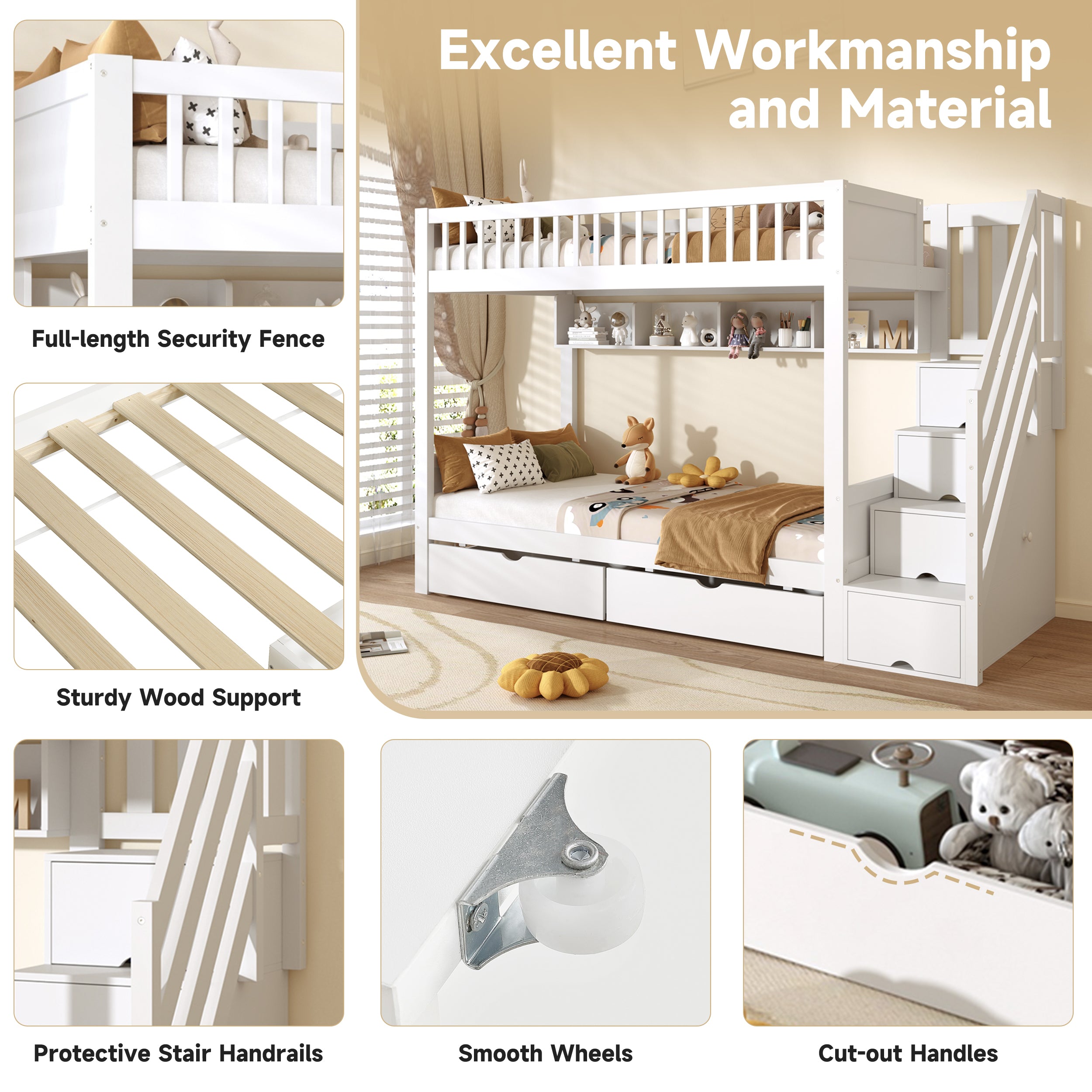 3ft Single Loft Bed with Under Bed Drawers, High-Quality Solid Wood Bunk Bed Frame with Integrated Stairway Storage, Shelving and Hidden Lockers, Safety Guardrails, White (No Mattress)