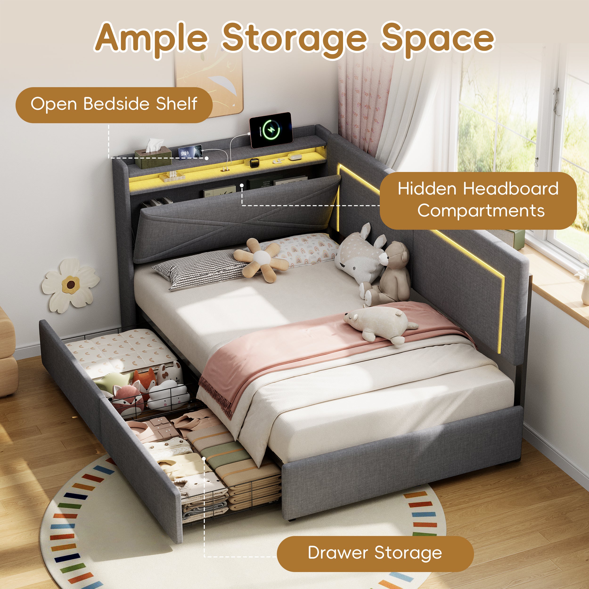 3ft Single Daybed with Two Storage Drawers, LED Concealed Headboard Storage with Charging Station, Modern Linen Sofa Bed for Living Room/ Bedroom/ Study Room, 90X190cm, Grey (No Mattress)