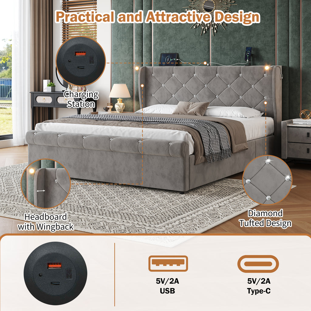 4ft6 Double Upholstered Bed Frame with Hydraulic Storage,  Diamond Tufted Headboard with Charging Station and Reading Light, USB and Type - C Ports, Velvet, Grey (No Mattress)