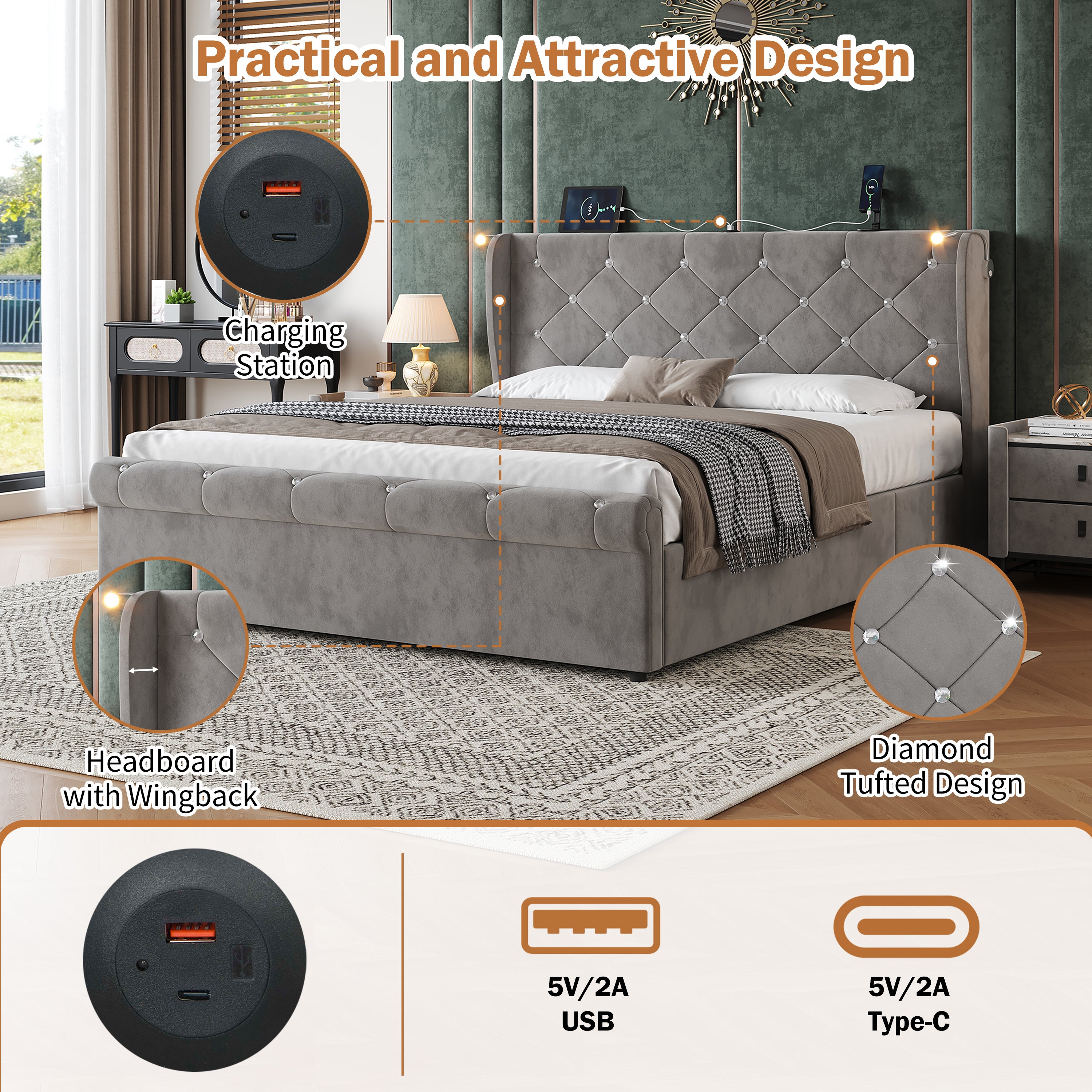 4ft6 Double Upholstered Bed Frame with Hydraulic Storage,  Diamond Tufted Headboard with Charging Station and Reading Light, USB and Type - C Ports, Velvet, Grey (No Mattress)