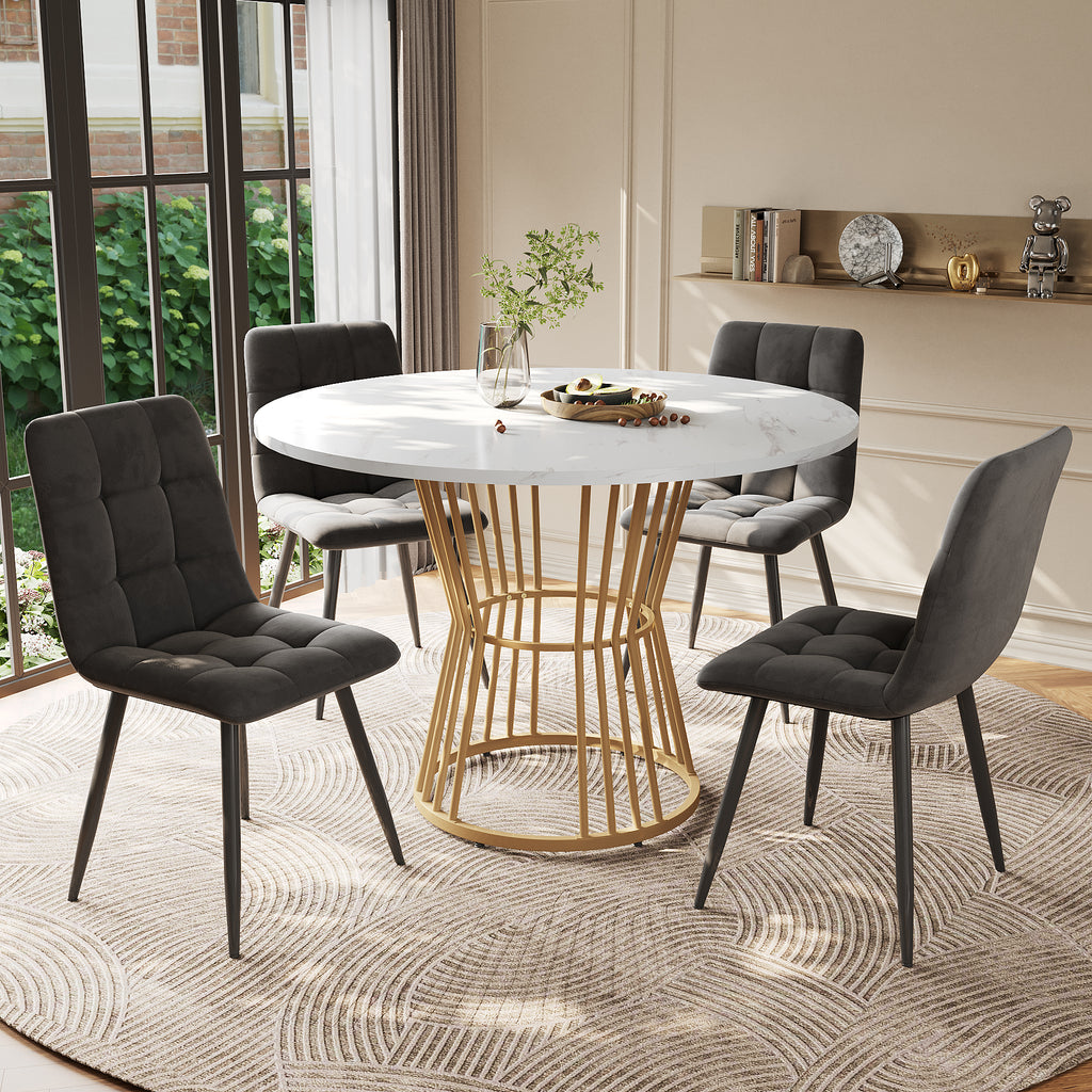 Dining table set (5-piece), dining table set with 4 chairs, kitchen table set, round dining table with 100 cm diameter and golden metal legs, white MDF table top, gray linen dining chairs
