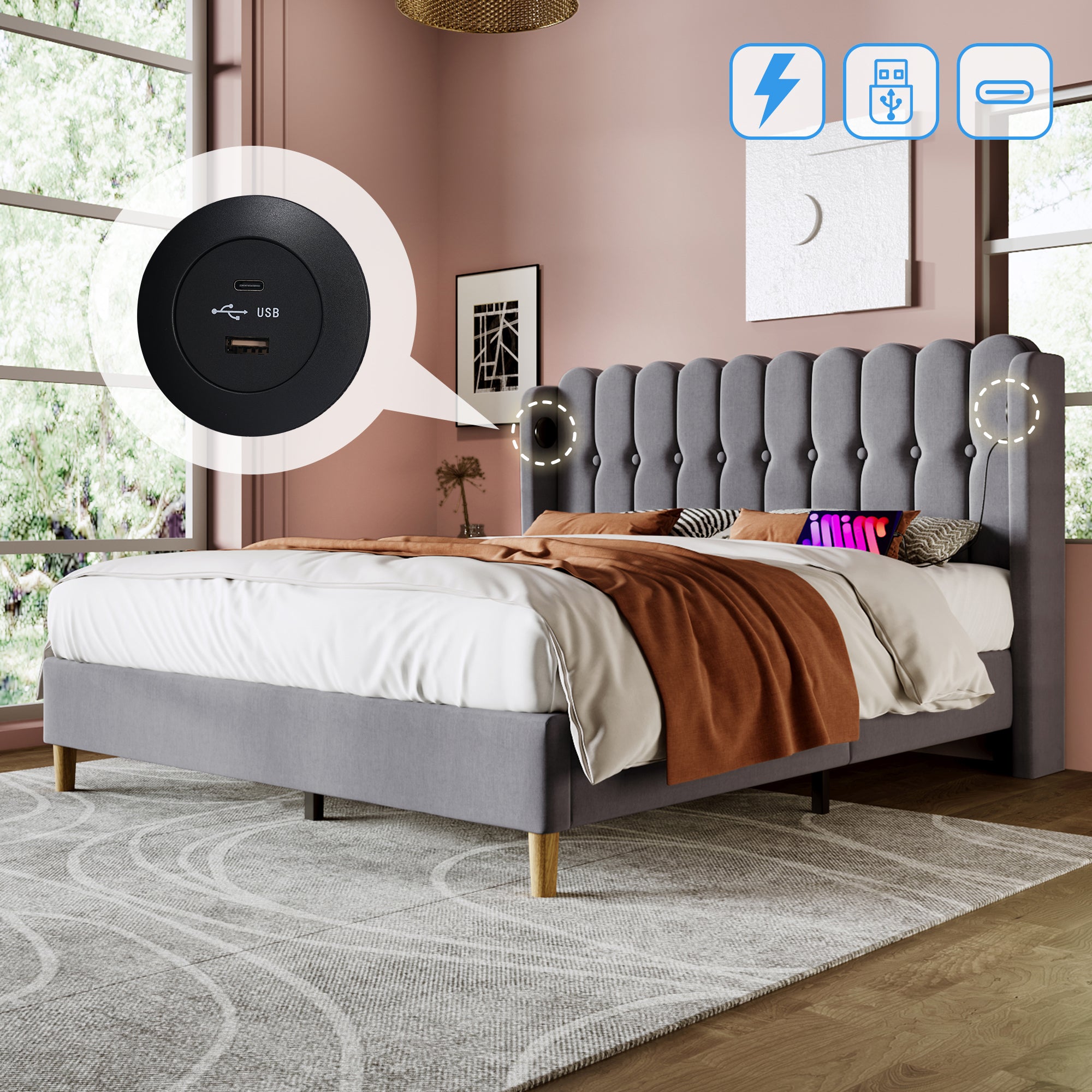 Upholstered Double Bed with USB and Type-C Charging, Bed Frame with Wooden Slatted Frame, Teenager Bed for Bedroom & Guest Room,4ft6 135 x 190 cm Bed Frame, Grey, Linen Material (No Mattress) .
