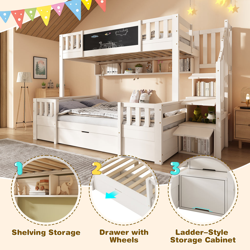 Bunk Beds for Kids, Staircase Bunk with Drawers and Chalkboard, Children's Bed with Storage Space, Double Bunk Bed for Family with Multiple Children, (90+135) x 190 cm, Solid Wood, White