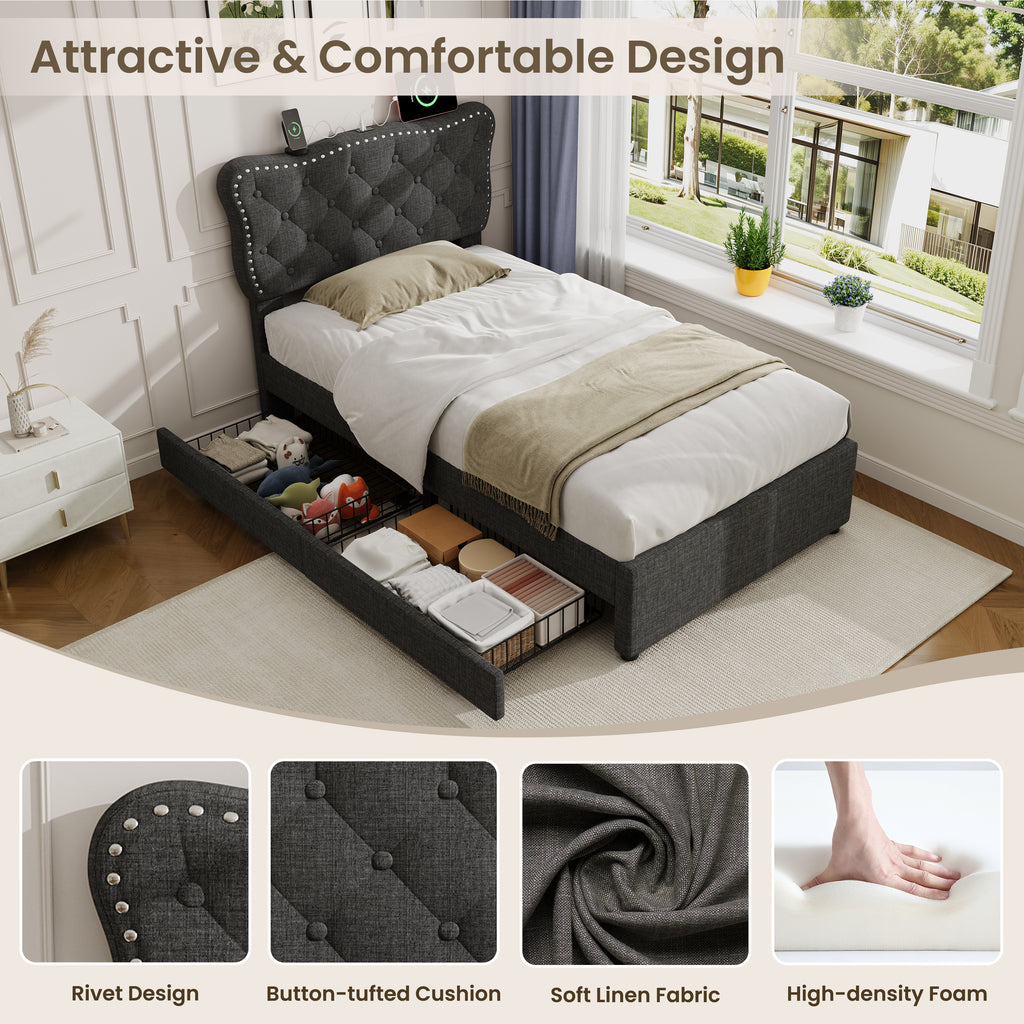 3ft Single Upholstered Bed with Rivet Design and Charging Station, Two Storage Drawers, Adjustable Button Tufted Headboard with USB & Type-C Ports, No Box Spring Needed, Linen, Grey (No Mattress)