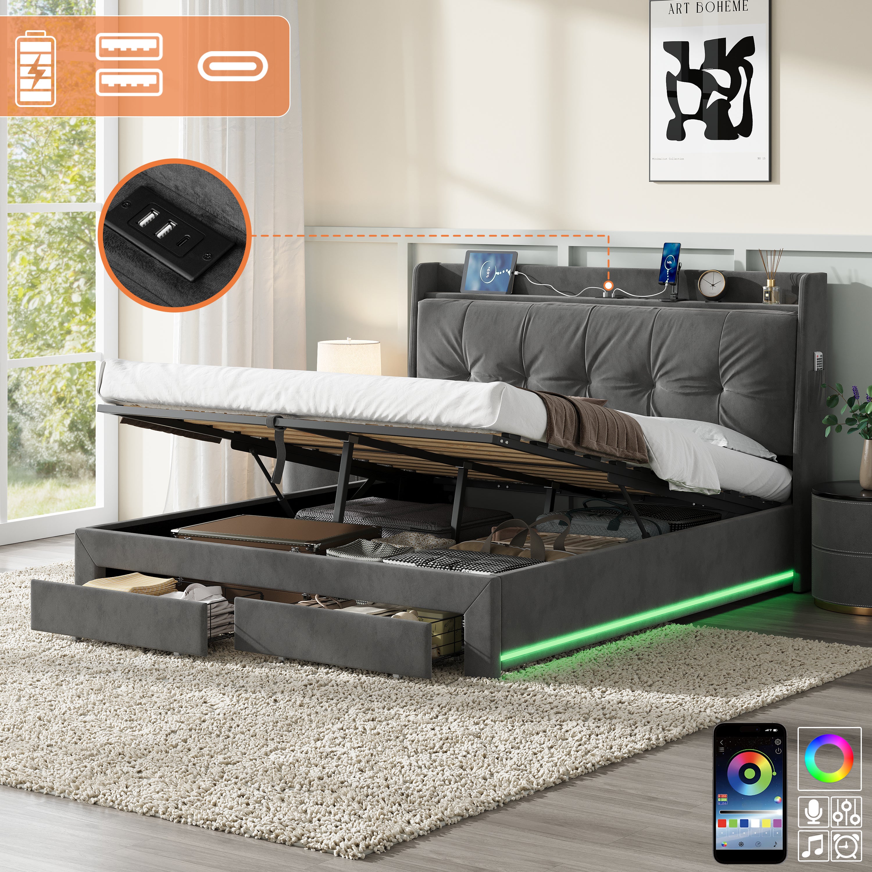 5ft King Upholstered Bed Frame with Hydraulic and Drawers Storage, Back Cushion Headboard with Charging Station,  Velvet Ottoman Hydraulic Bed with RGB LED Lighting, Grey (No Mattress)
