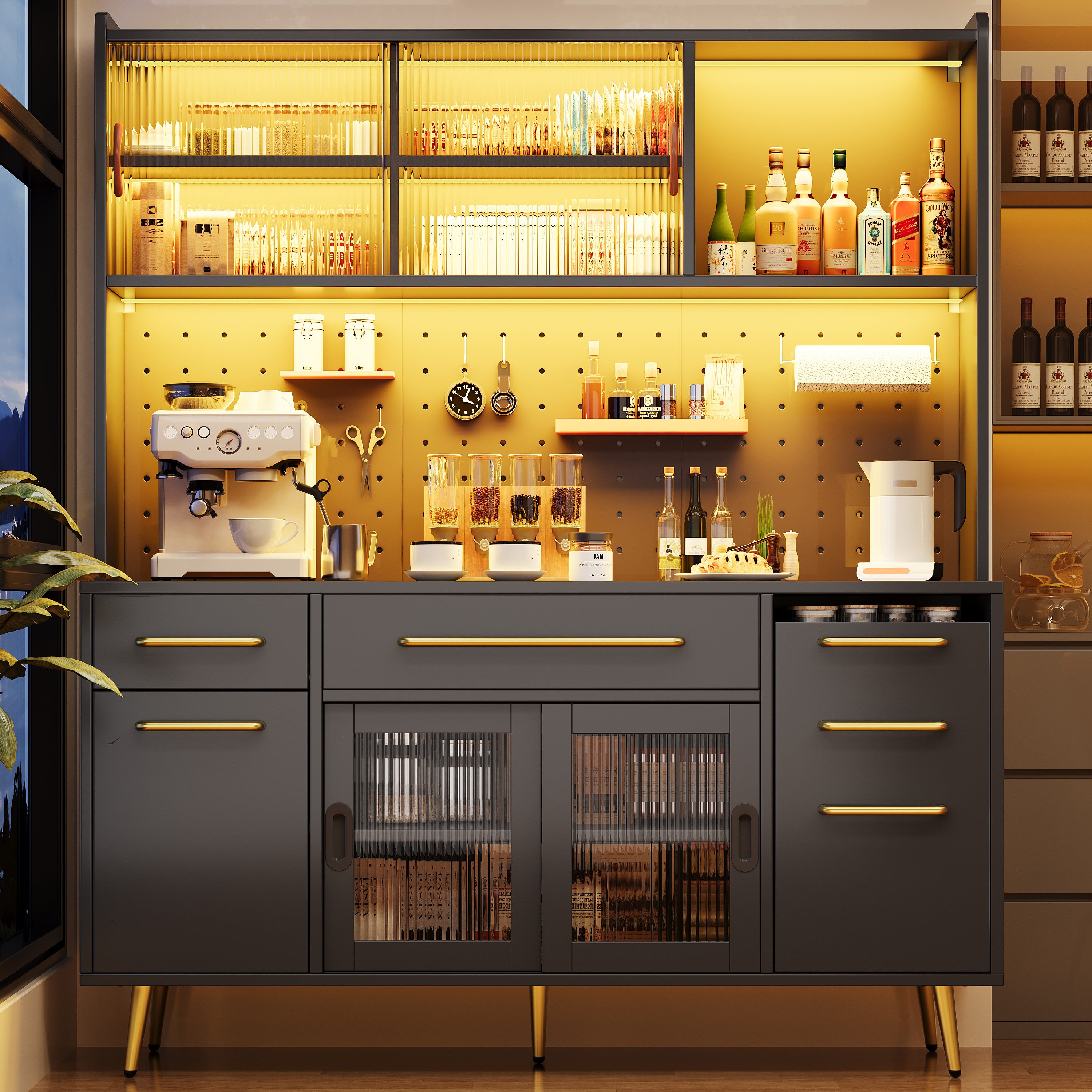 Modern sideboard with LED lighting, tall cabinet for kitchen and living room, storage cabinet with perforated wall, drawer and glass shelves, black