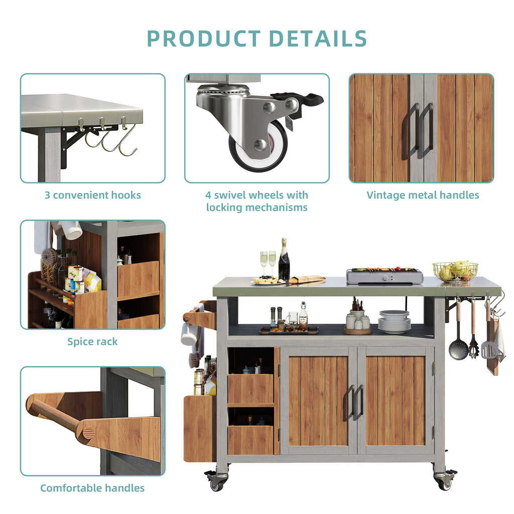 BBQ side table, mobile garden cabinet, weatherproof, stainless steel worktop, outdoor sideboard, serving trolley with pull-out side shelf, 3 hooks, shelf for snacks and spices, solid wood