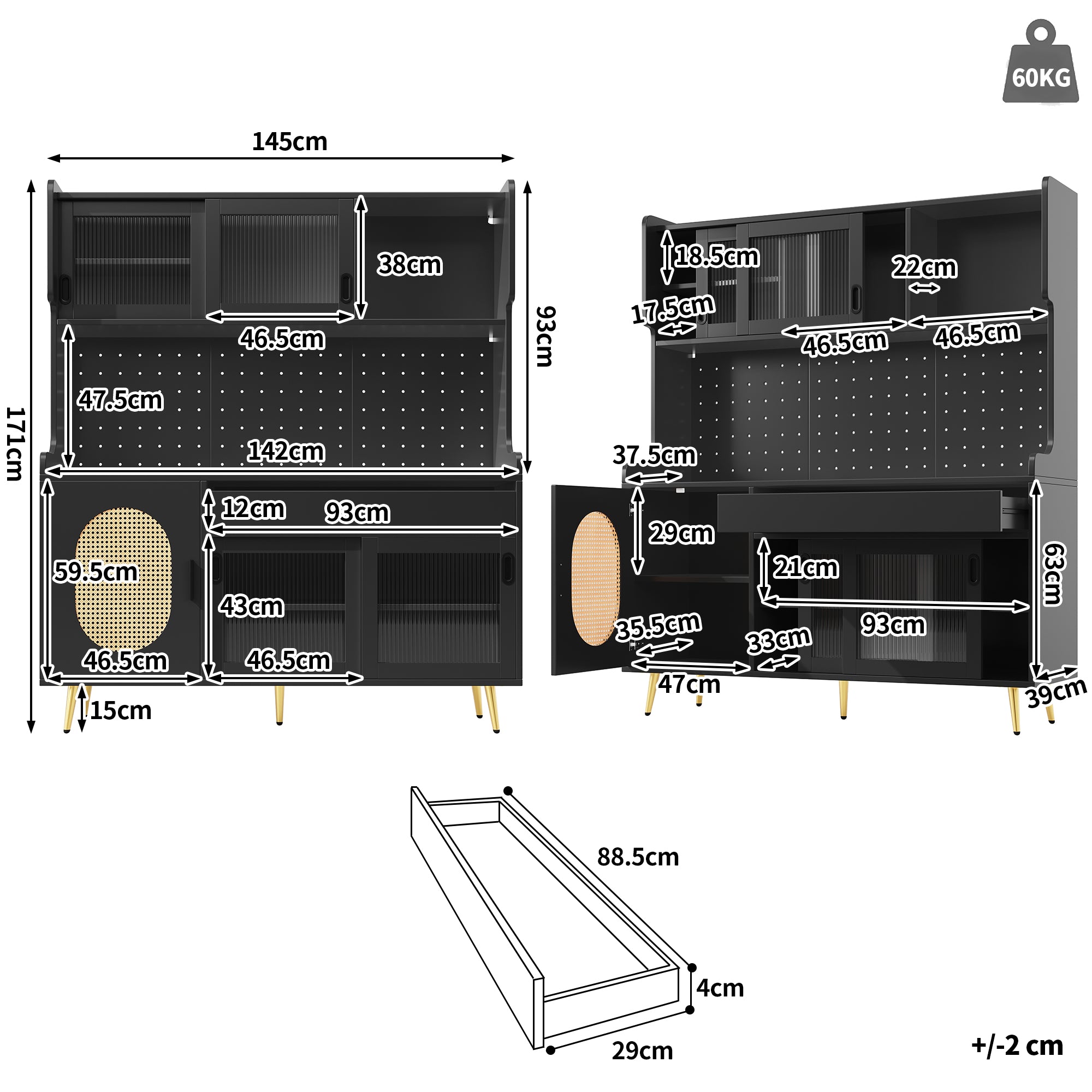 Sideboard / Storage Cabinet / Kitchen Cabinet / Buffet, 145x39x171cm, Country Style, 5 Doors, with LED Light Strip & Pegboard, Fluted Glass Doors, Brown/Black