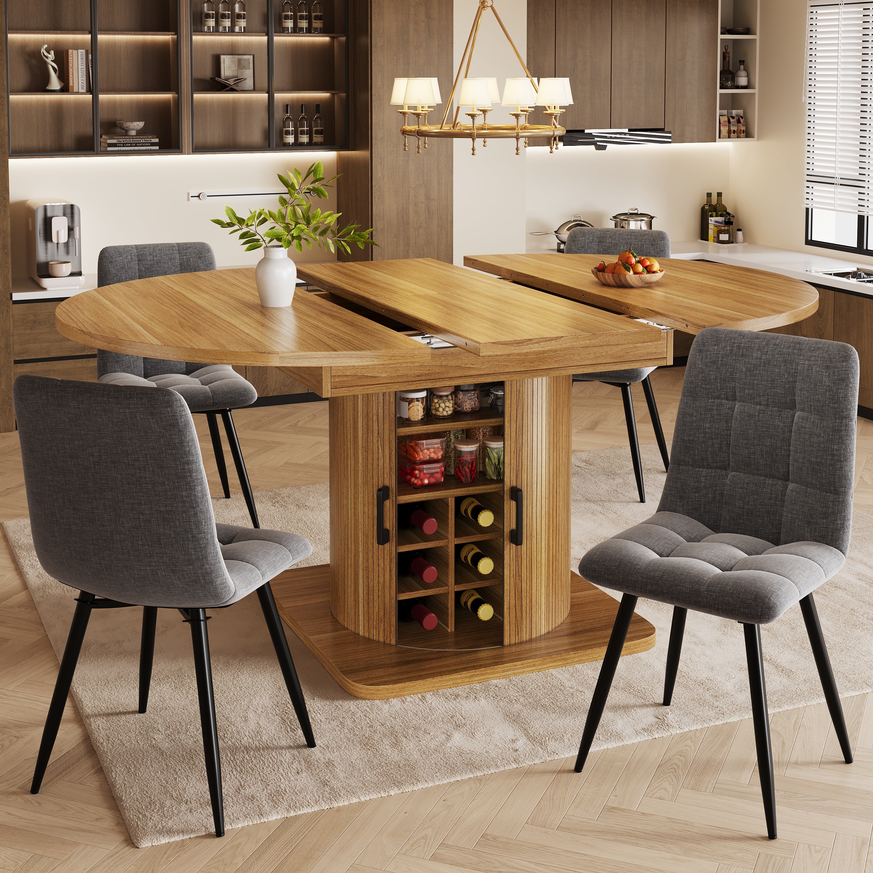 Extendable dining table with storage, multifunctional folding table with wine rack, space-saving kitchen table for small rooms and dining rooms, MDF tabletop, natural brown