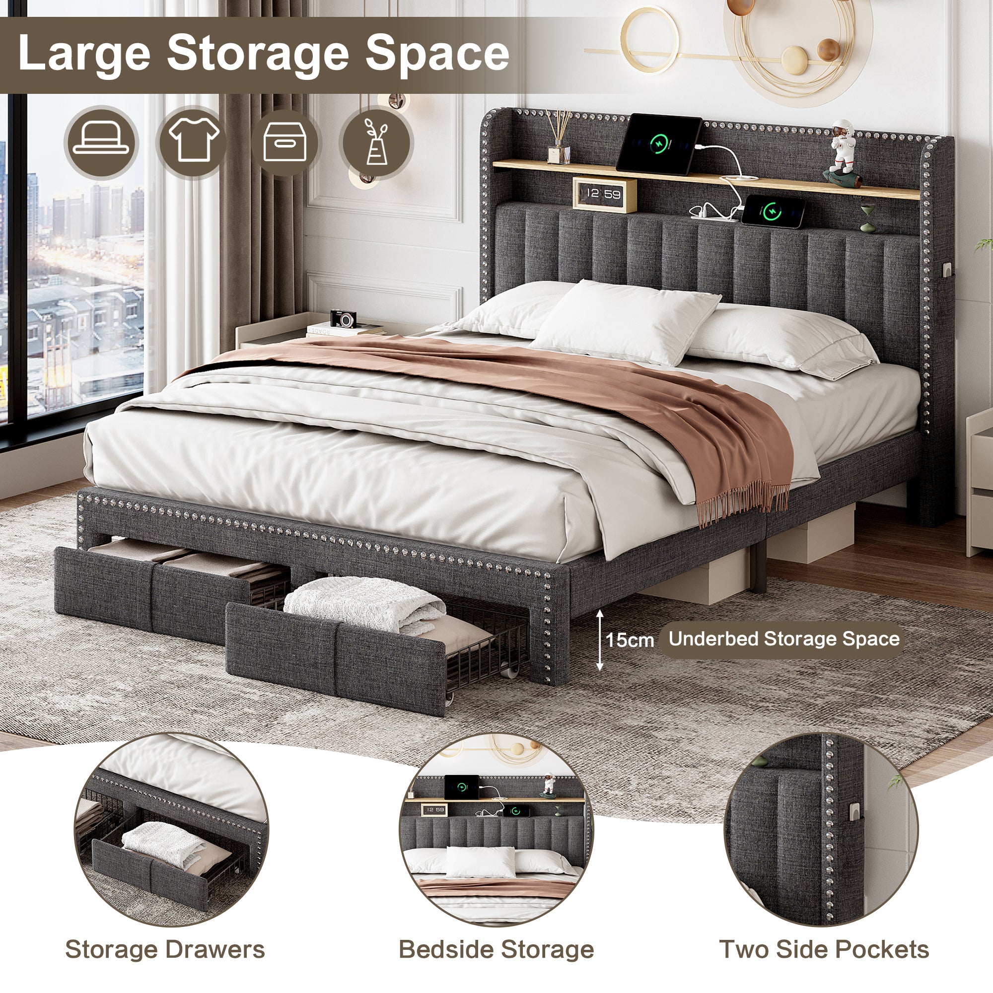 4ft6 Double Upholstered Bed with 2 Storage Drawers, Riveted Storage Bed with Charging and Lighting, Linen Platform Bed Frame No Box Spring Needed, Easy Assembly, Grey (No Mattress)
