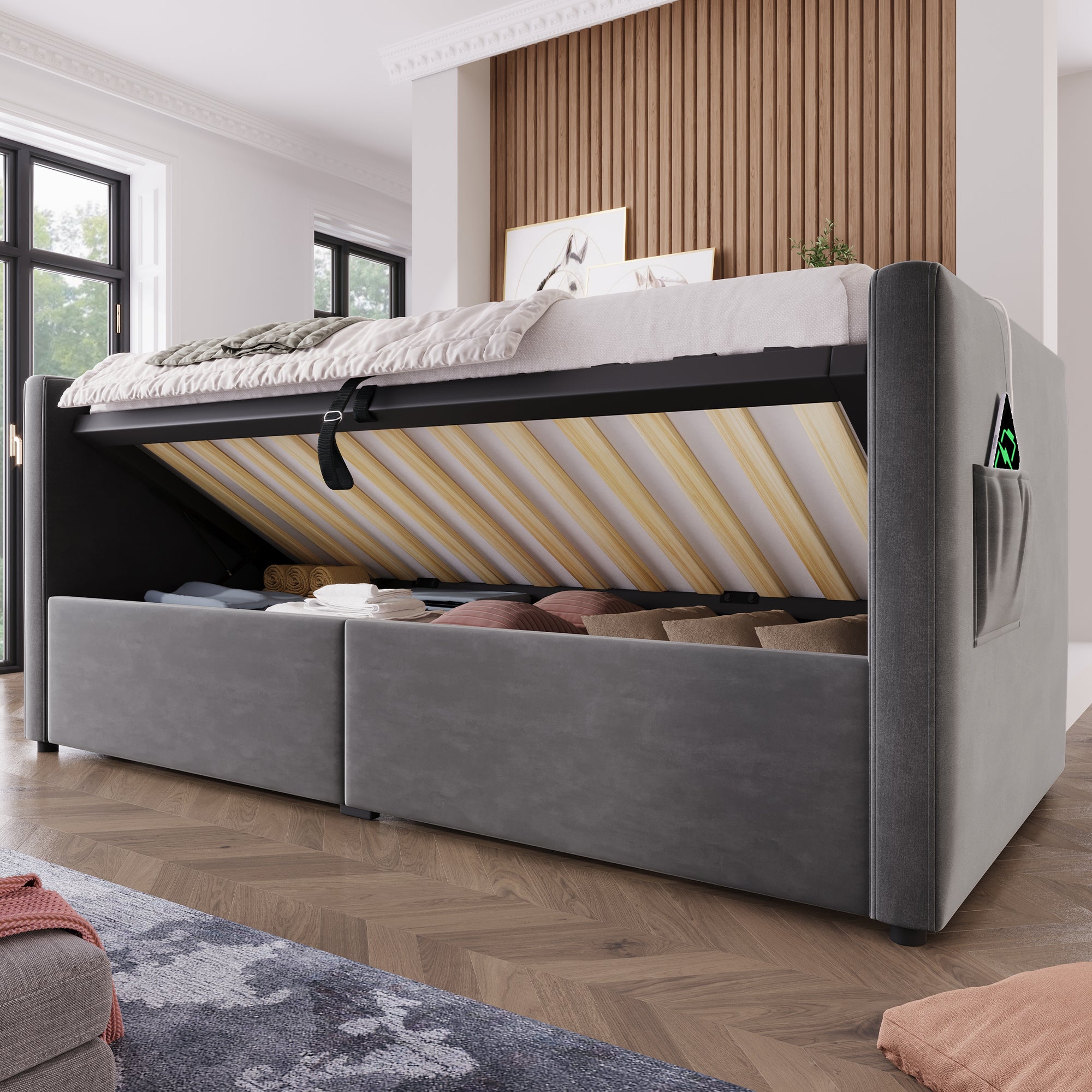 Daybed Upholstered Bed 90 x 190 cm, 3FT Single Sofa Bed with USB &Type-C Charging Station,  Hydraulic Storage Bed for Living Room and Bedroom, Velvet, Grey (No Mattress)