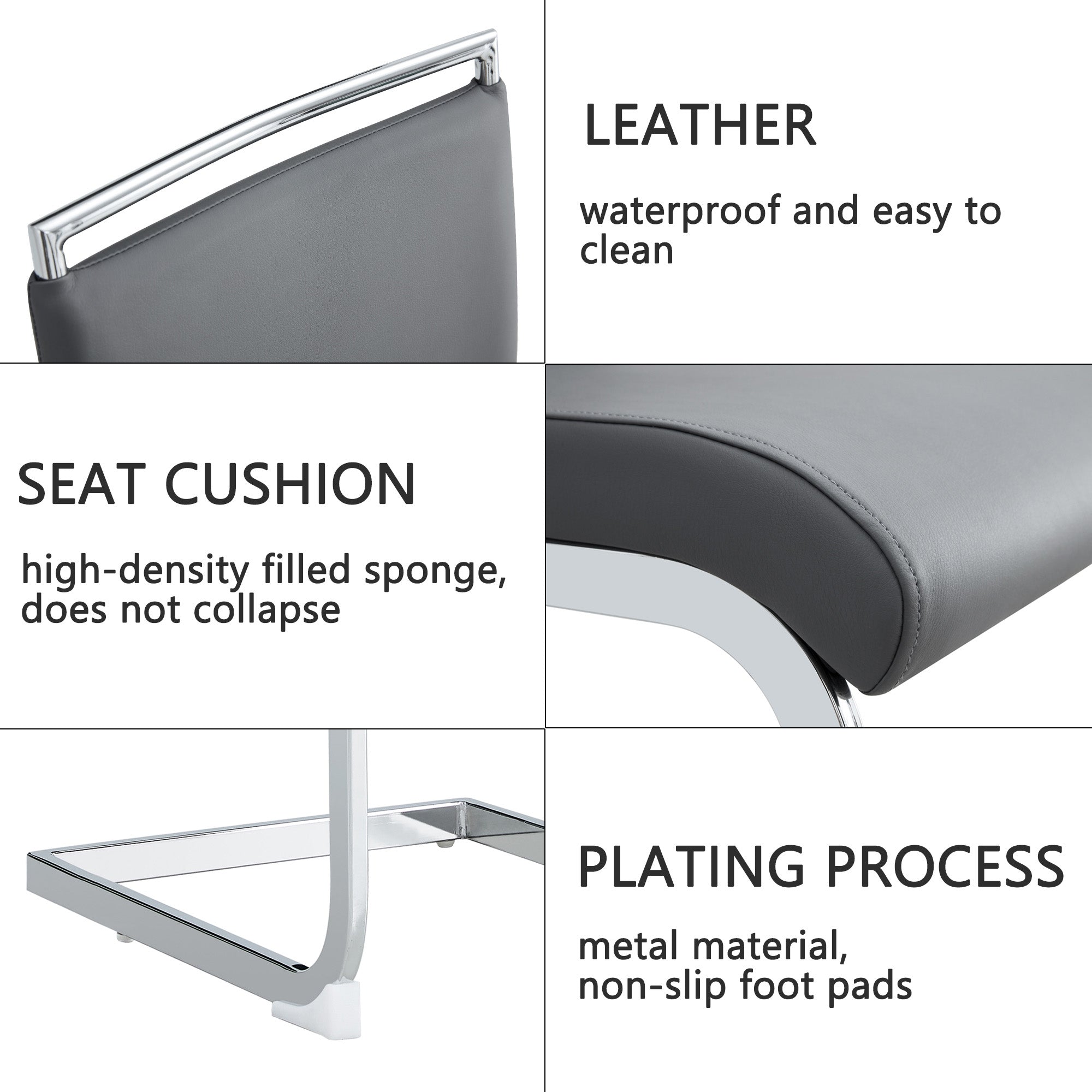 Modern dining chairs set of 2, backrest made of PU faux leather and linen, high back padded side chair, horizontal stripes backrest design for dining room, kitchen, guest office chair, gray