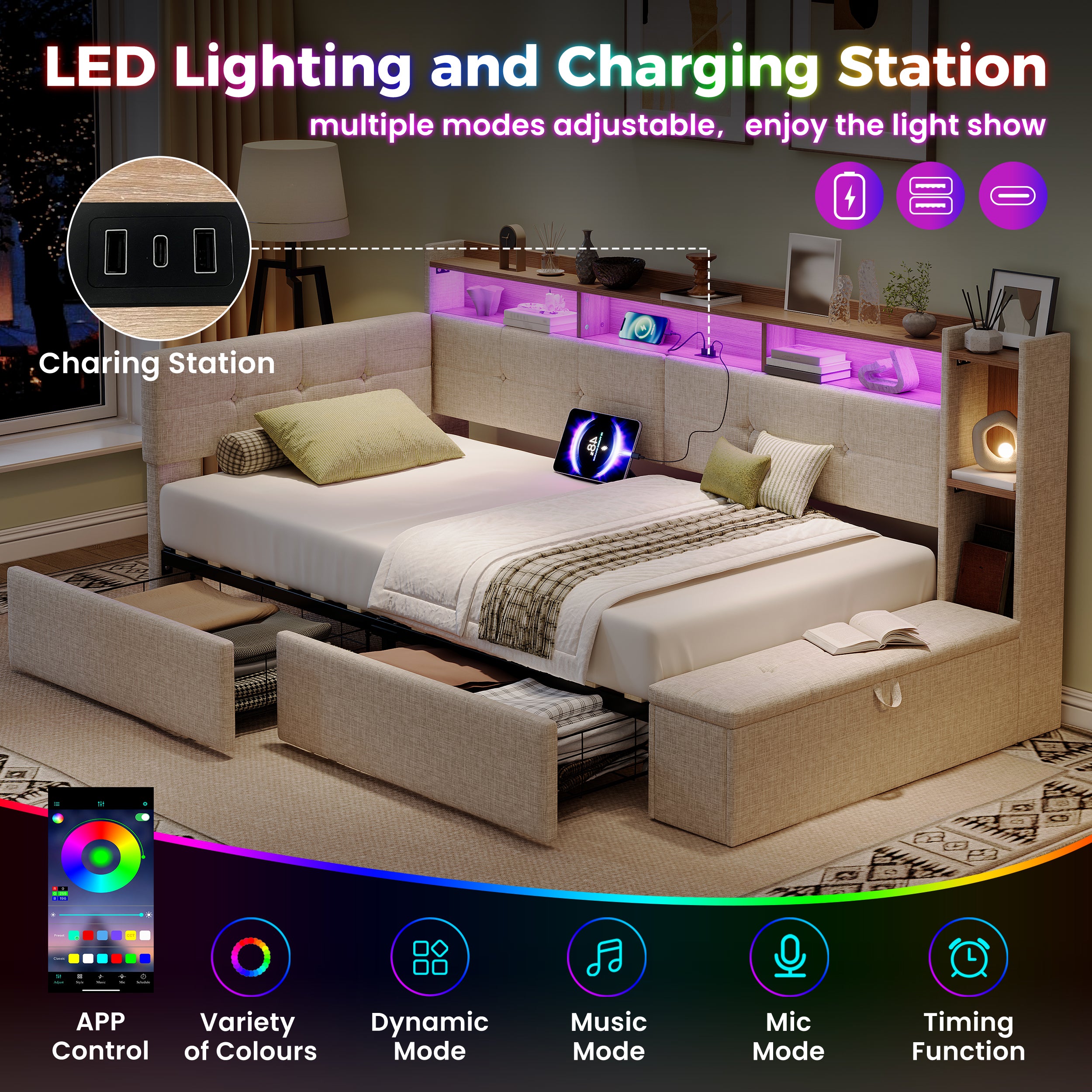 3ft Single LED Daybed with Storage Drawers and Bed End Ottoman Storage, Modern Linen Sofa Bed with Charging Station for Living Room/ Bedroom/ Study Room, 90X190cm, Beige (No Mattress)