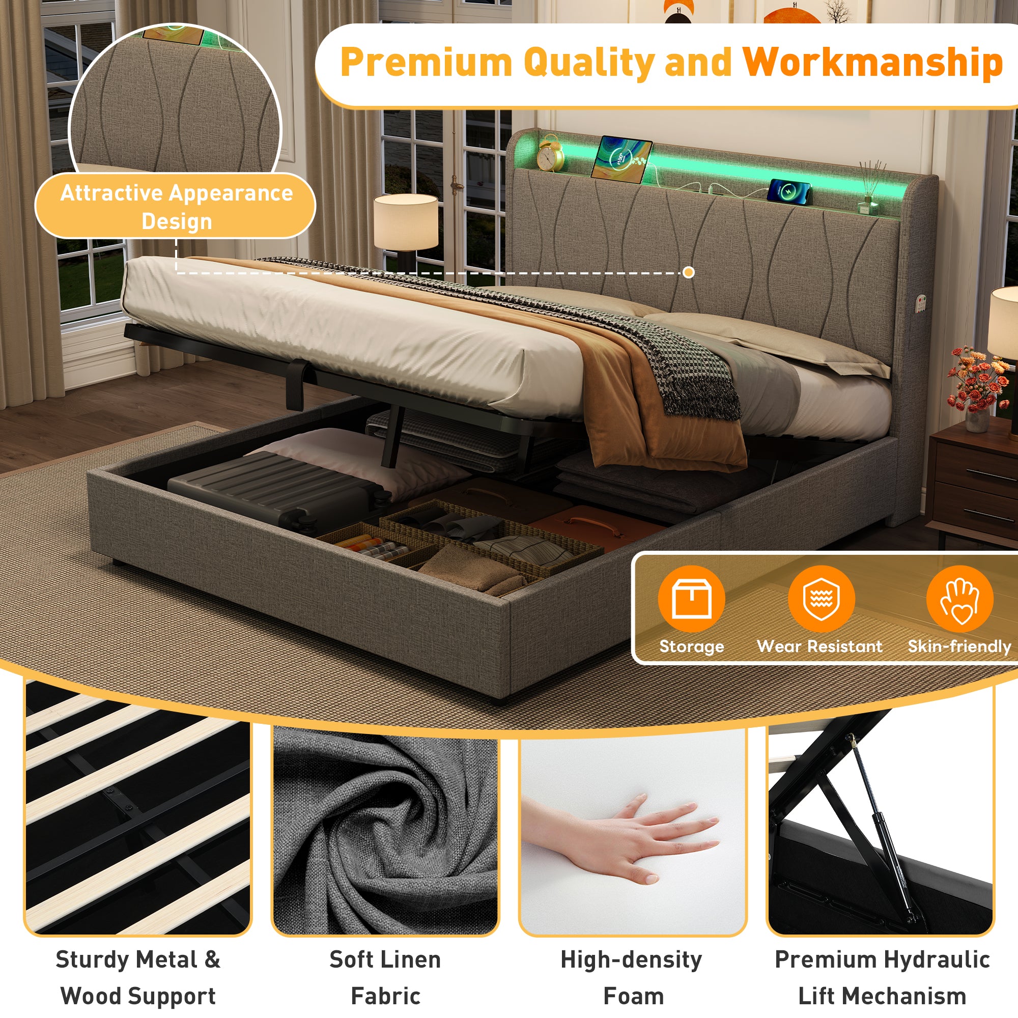 4ft6 Double Upholstered Bed Frame with Hydraulic Storage, LED Headboard with Charging Station and Concealed Headboard Storage, USB and Type - C Ports, Linen, No Box Spring Needed, Grey (No Mattress)