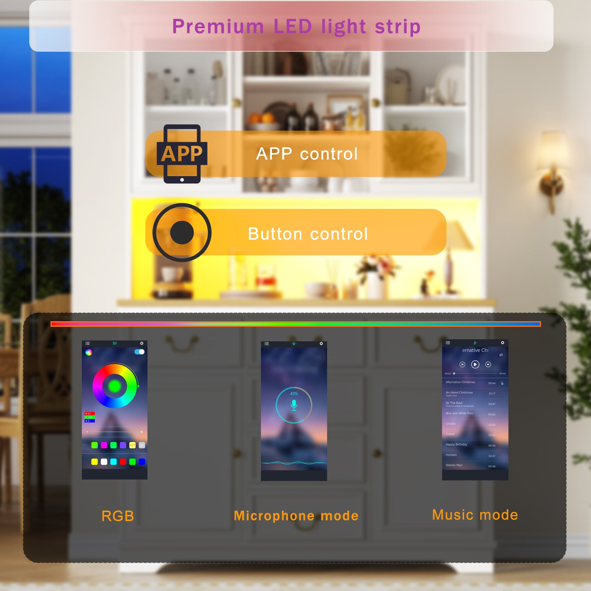 Tall kitchen cabinet with USB ports and sockets, sideboard with LED light strip, kitchen cabinet, storage cabinet with snack shelf doors, sideboard, waste bin can be installed, white