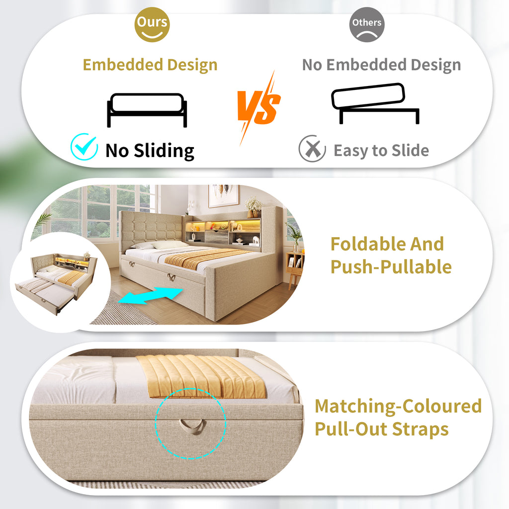  Daybed Upholstered Bed 90 x 190 cm, 3FT Single Sofa Bed with Storage, USB &Type C Charging Station, Pull out Trundle for Living Room and Bedroom, Linen, Beige (No Mattress)