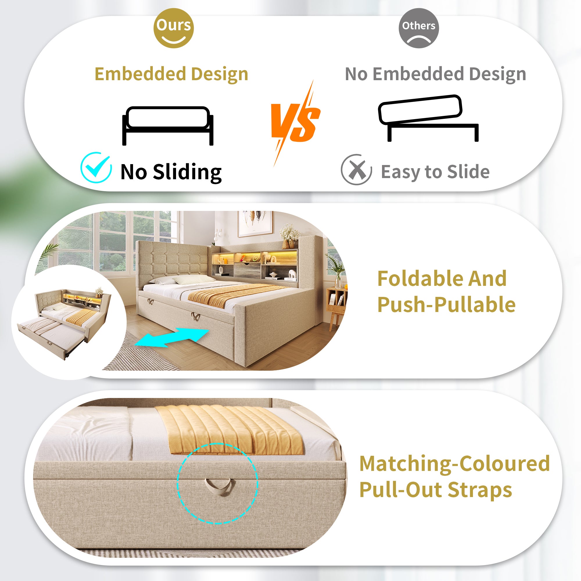  Daybed Upholstered Bed 90 x 190 cm, 3FT Single Sofa Bed with Storage, USB &Type C Charging Station, Pull out Trundle for Living Room and Bedroom, Linen, Beige (No Mattress)