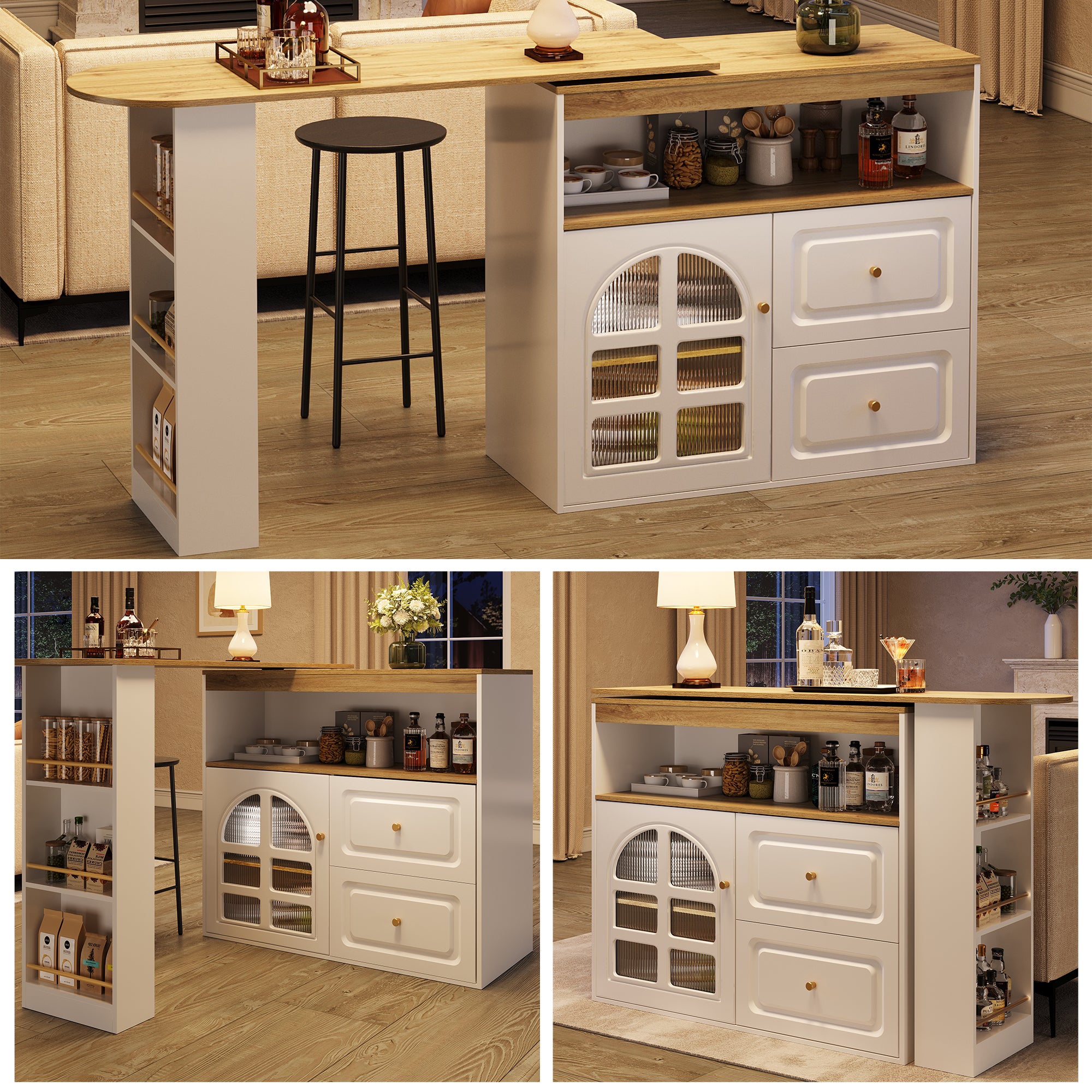 Rotating sideboard, suitable for bedrooms, living rooms, dining rooms, 2 drawers, snack shelf, open storage compartment, rotating sideboard cabinet with shelves and curved glass, white