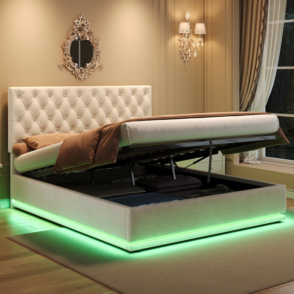 Double Ottoman Bed with LED Lighting, Velvet Upholstered Bed with Hydraulic Storage, 4ft6 Double Bed Frame with Handmade Button Tufted Adjustable Headboard, No Box Spring Needed, Beige (No Mattress)