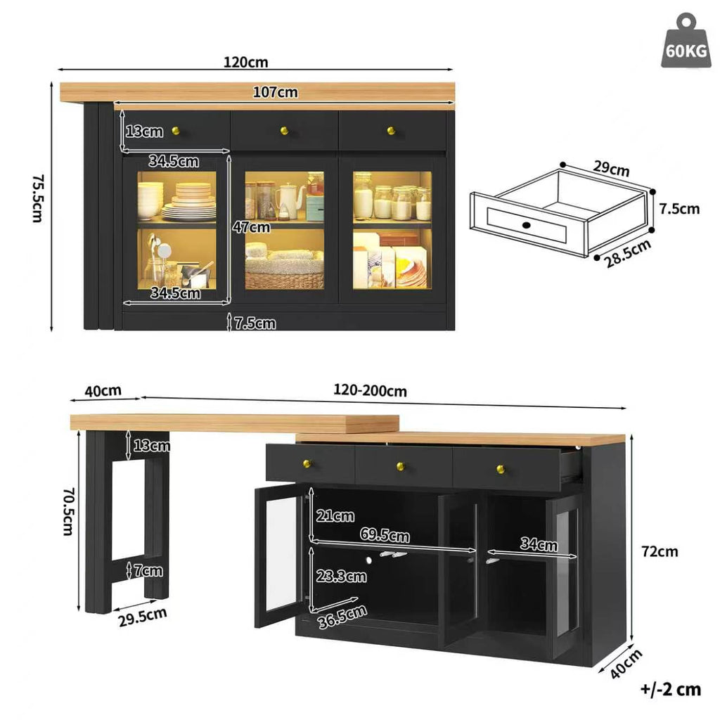 Extendable Kitchen Island with LED Lights, 120-200cm Adjustable Dining Table with Storage, 3 Drawers & Glass Cabinets, White/Black