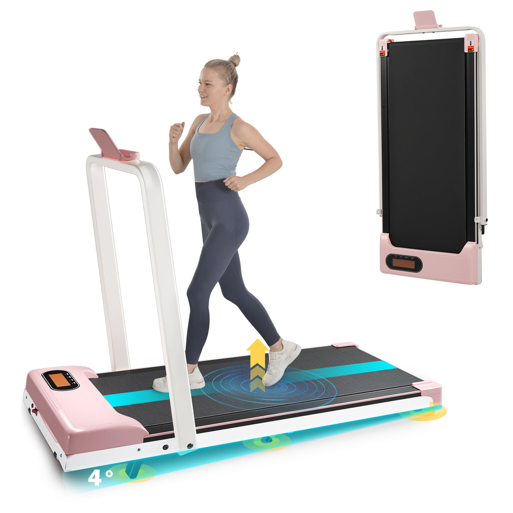 Folding Treadmill with Handrail & Adjustable Incline, 1-10 km/h Running Machine, Space Saving Low Noise Design, LED Display, Phone Holder, Remote Control, Transport Wheels & Plug, Pink.