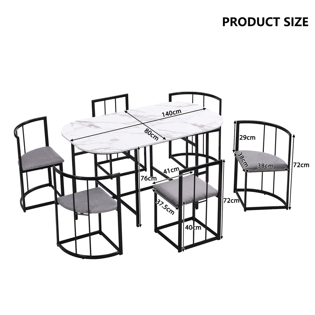 Six-chair dining table set: (White table, chairs with backrests and gray cushions, black iron frame), dining room table and chair set, modern dining table combination
