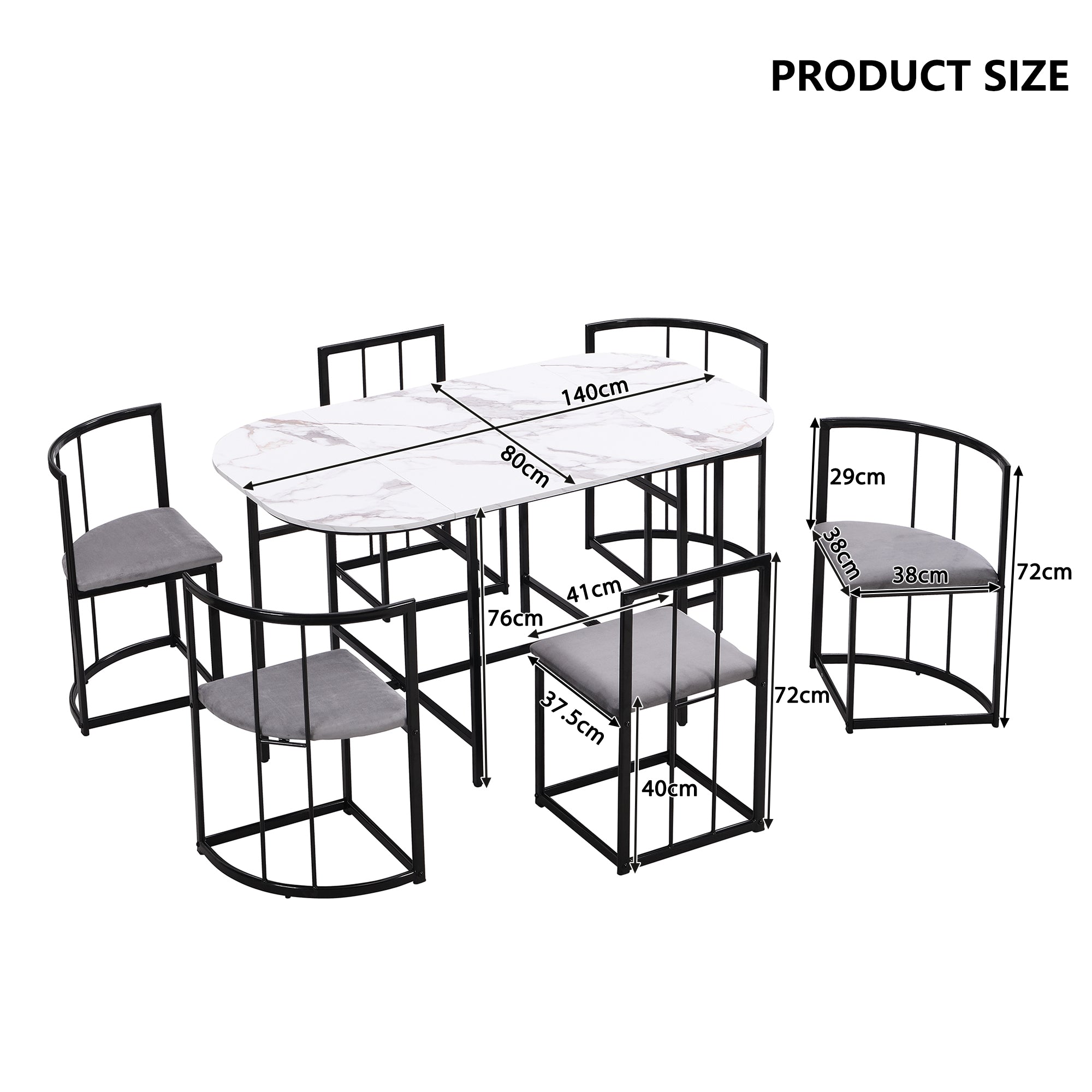 Six-chair dining table set: (White table, chairs with backrests and gray cushions, black iron frame), dining room table and chair set, modern dining table combination
