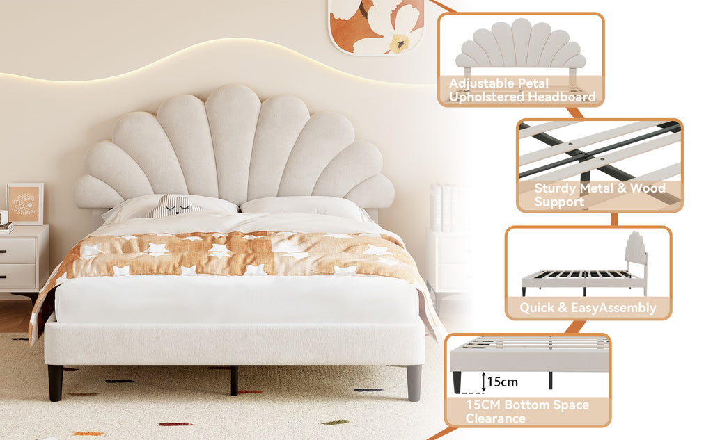 4ft6 Double Upholstered Velvet Bed Frame, with Adjustable Chic Petal Headboard, Velvet Platform Bed Frame with Solid Wood Slat, No Box Spring Needed, Easy Assembly, Beige