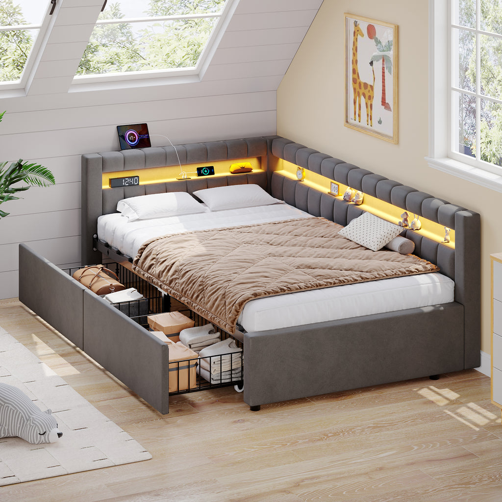 3ft Single Daybed with Two Storage Drawers, LED Modern Channel Tufted Bed Frame with Charging Station, Velvet Sofa Bed for Living Room/ Bedroom/ Study Room, 90X190cm, Easy Assembly, Grey(No Mattress)