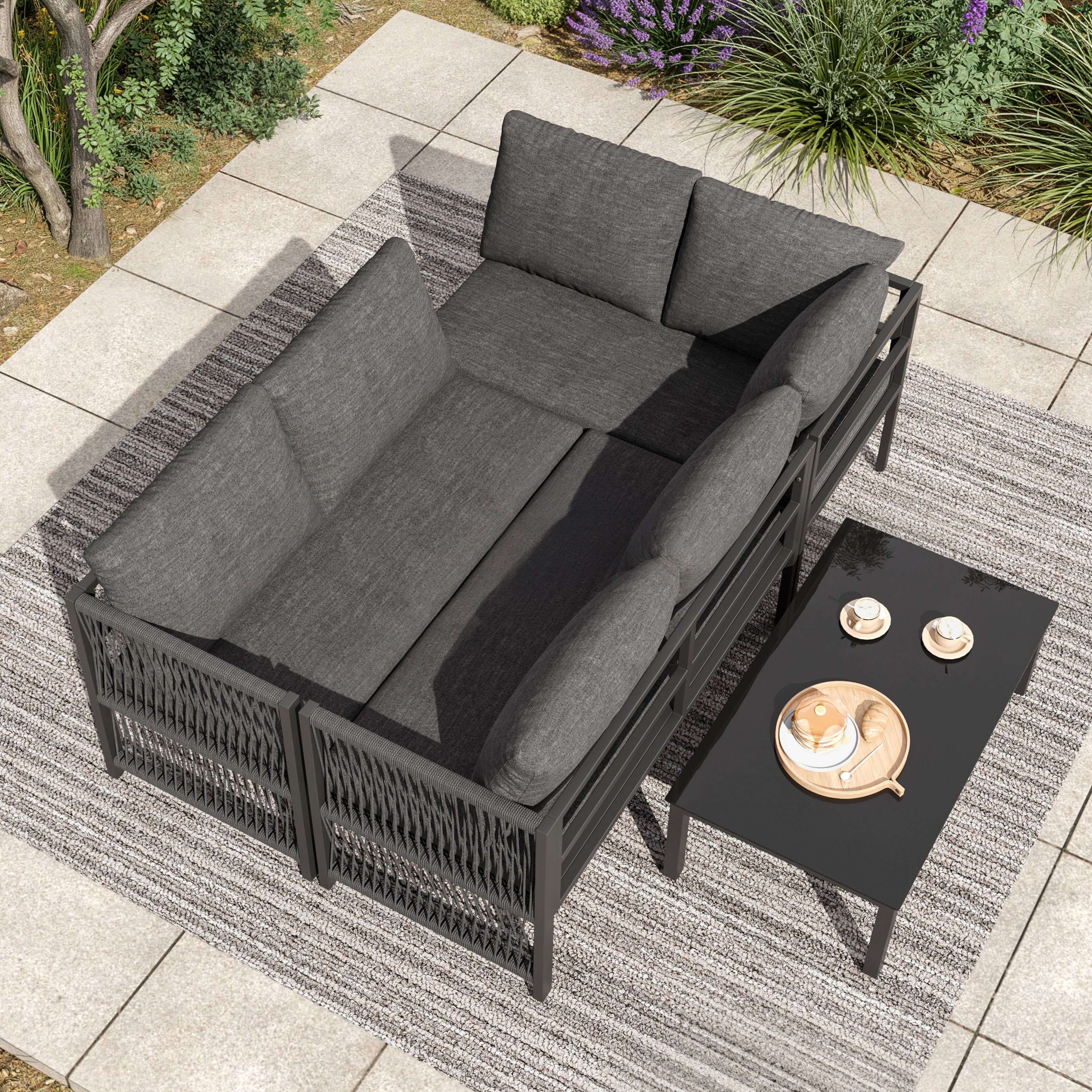 5-6 Seater Garden Furniture Set with Tempered Glass Coffee Table, L-Shaped Corner Sofa with Polyester Rope, Weatherproof Outdoor Patio Dining Lounge Set for Balcony and Terrace, Linen, Grey