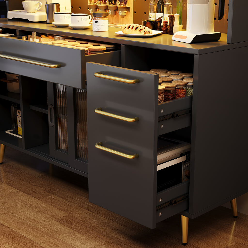 Modern sideboard with LED lighting, tall cabinet for kitchen and living room, storage cabinet with perforated wall, drawer and glass shelves, black
