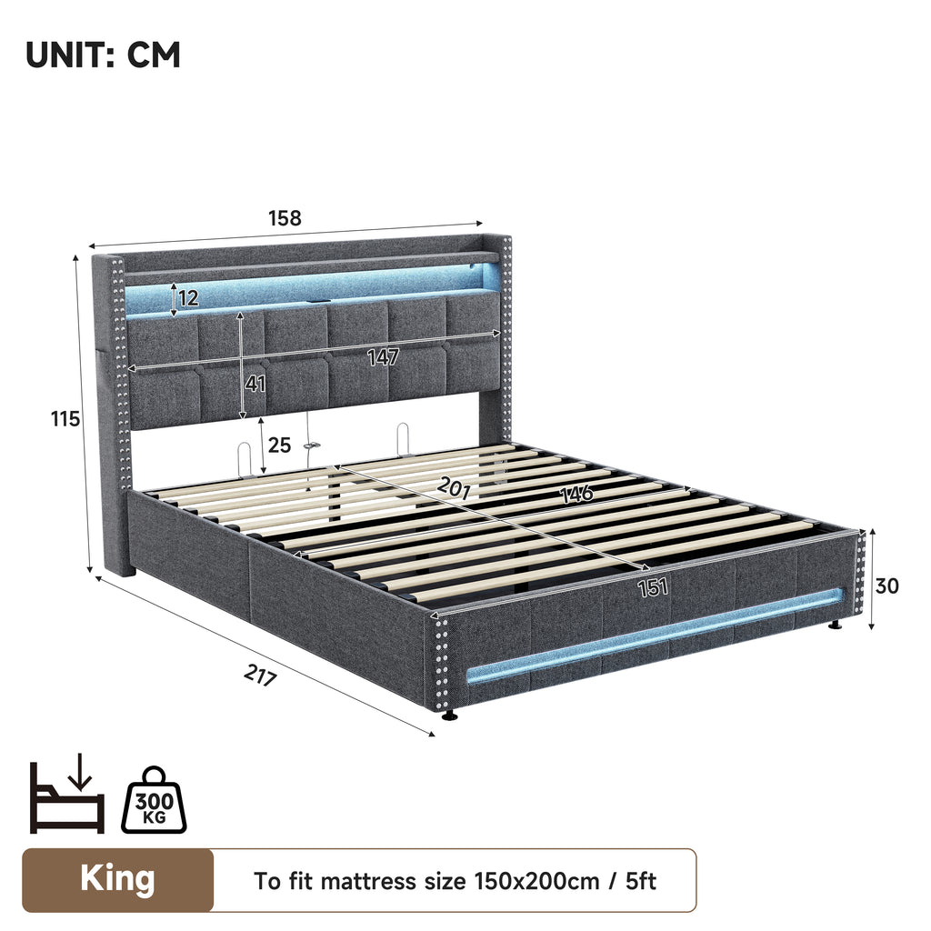 5ft King Upholstered Bed with Hydraulic Storage, LED Rivet  Storage Bed with Charging Station, Button Tufted Headboard with USB and Type - C Ports, No Box Spring Needed, Linen,  Grey (No Mattress)