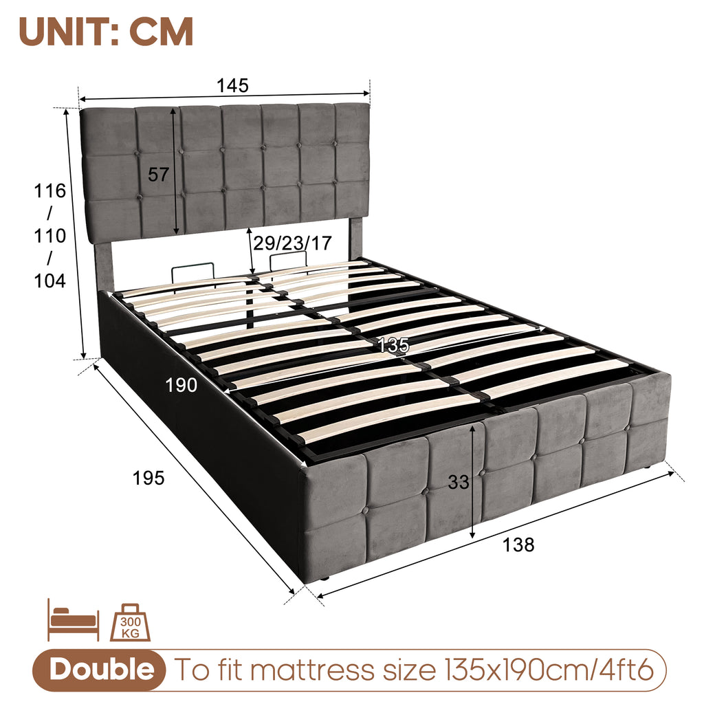 4ft6 Double Upholstered Storage Bed Frame, Velvet Ottoman Bed with Hydraulic Storage, Double Bed with Adjustable Button Tufted Headboard, Metal-Wood Support, No Mattress, Grey