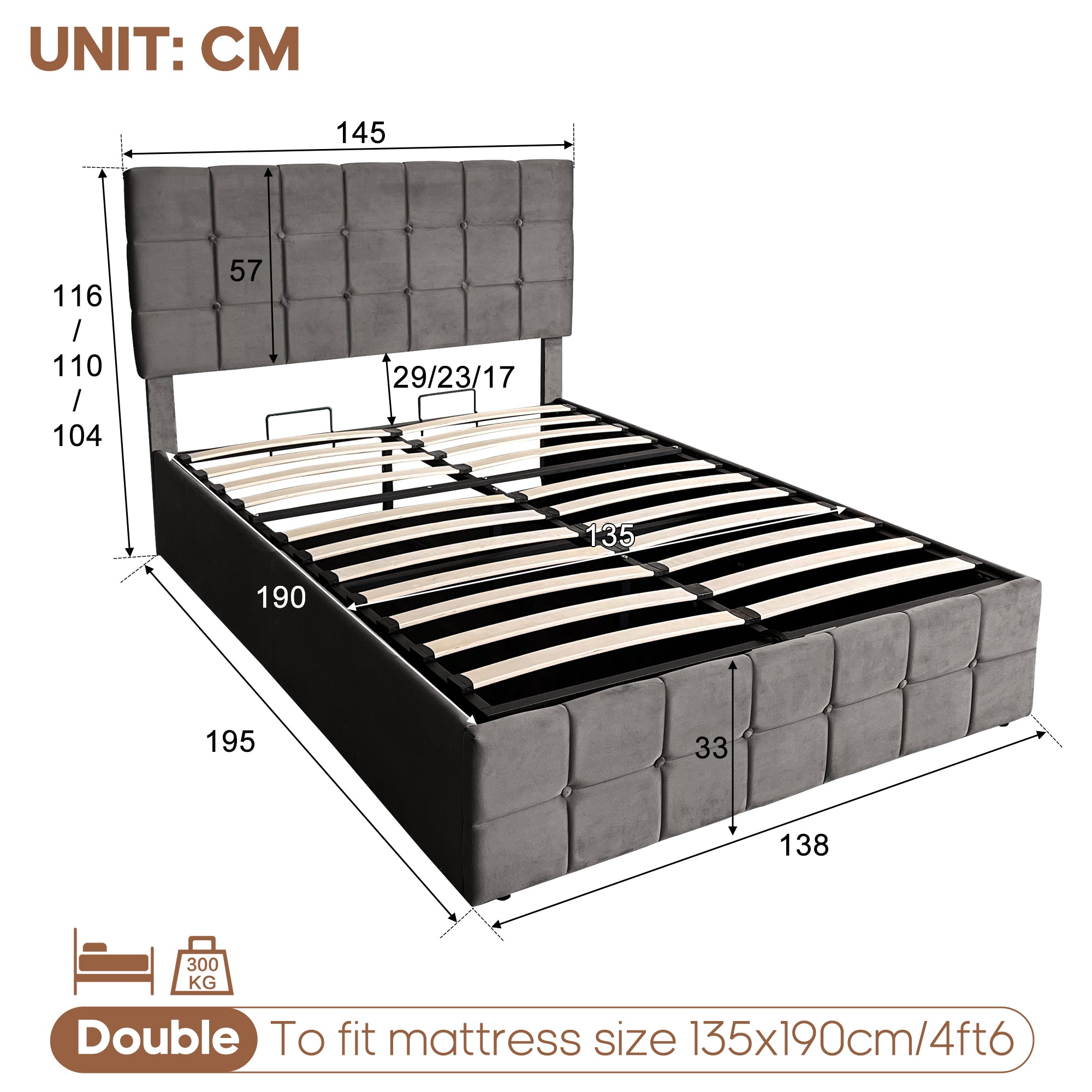 4ft6 Double Upholstered Storage Bed Frame, Velvet Ottoman Bed with Hydraulic Storage, Double Bed with Adjustable Button Tufted Headboard, Metal-Wood Support, No Mattress, Grey