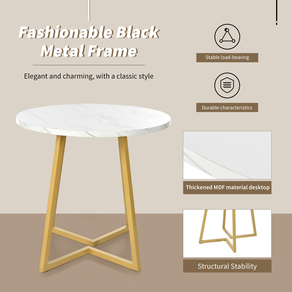 Dining Table Set (5 Pieces), Dining Table Set with 4 Chairs, Modern Kitchen Table Set, 80 cm Diameter Round Kitchen Table with Gold Metal Legs, White MDF Table Top, Dark Grey Velvet Dining Chairs